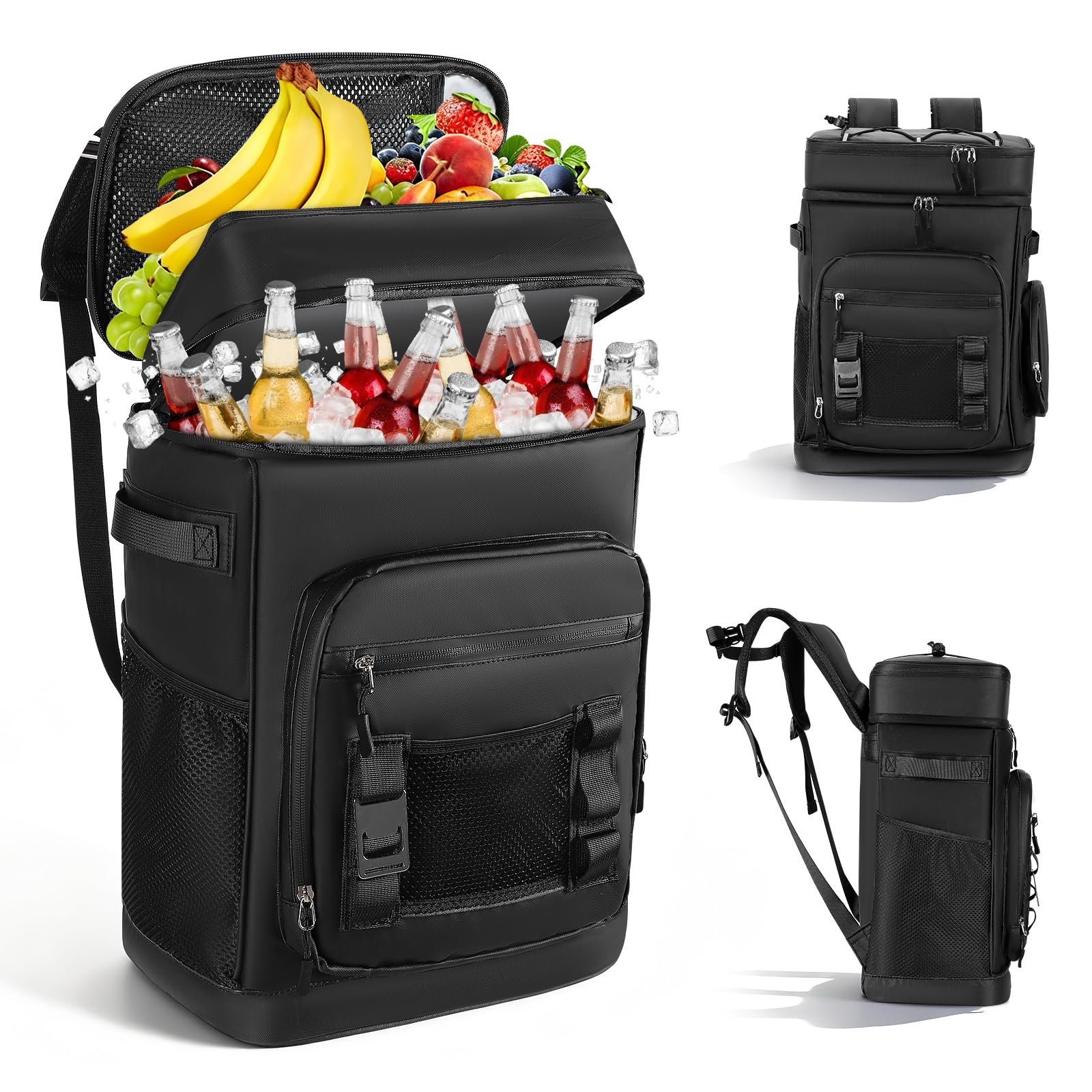 Grande zaino termico impermeabile, capacità 48 lattine, zaino da campeggio isolato con cinghie portatili, borsa termica a prova di perdite, per spiaggia, picnic, escursionismo, 30 l, nero