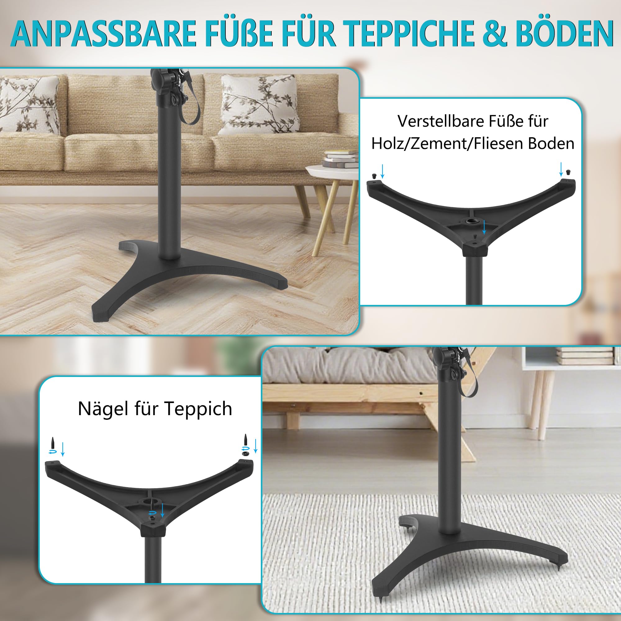 2er-Pack Lautsprecherständer Höhenverstellbarer von 50,5 bis 75 cm, 5 KG Tragkraft, Bodenlautsprecherständer mit Dreieckiger Basis, für Satelliten und Regallautsprecher, Schwarz
