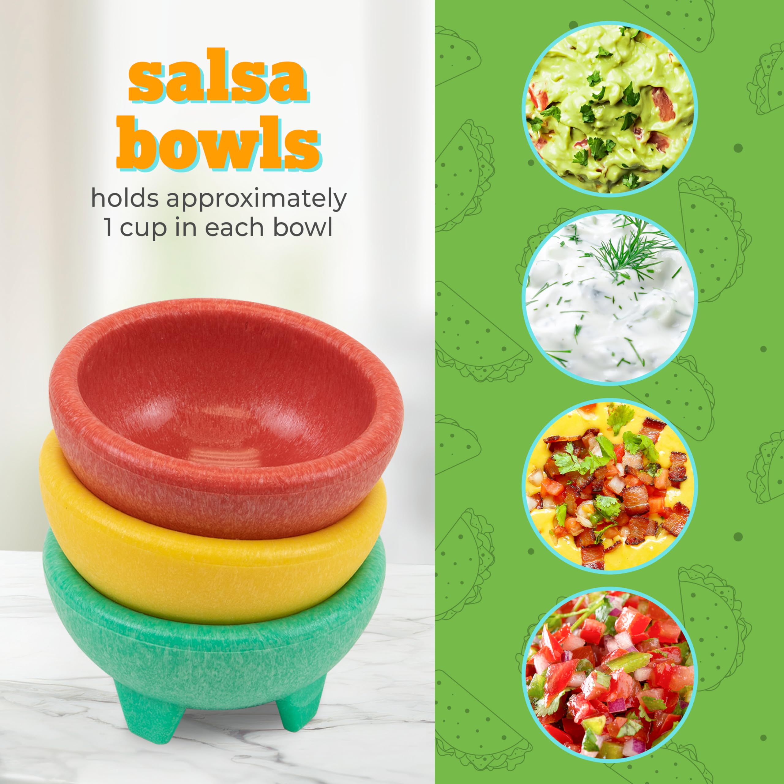 Taco Tuesday Complete Taco Serving Set with Tortilla Warmer, Salsa Bowls, Shell Holders, and Mortar and Pestle - 9-Piece Set - Red, Yellow, and Green