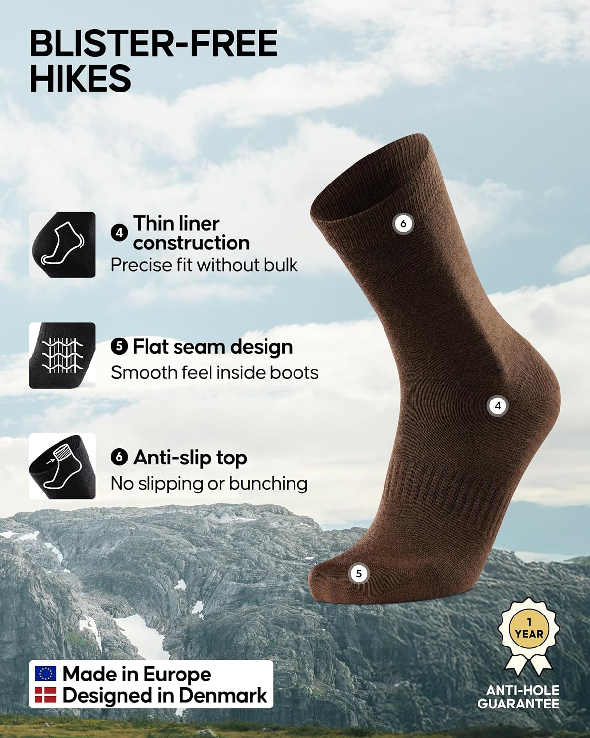 DANISH ENDURANCE Merino Wool Hiking Liner Socks for Men & Women, Lightweight & Breathable Socks for Outdoors, 2 or 4-Pack