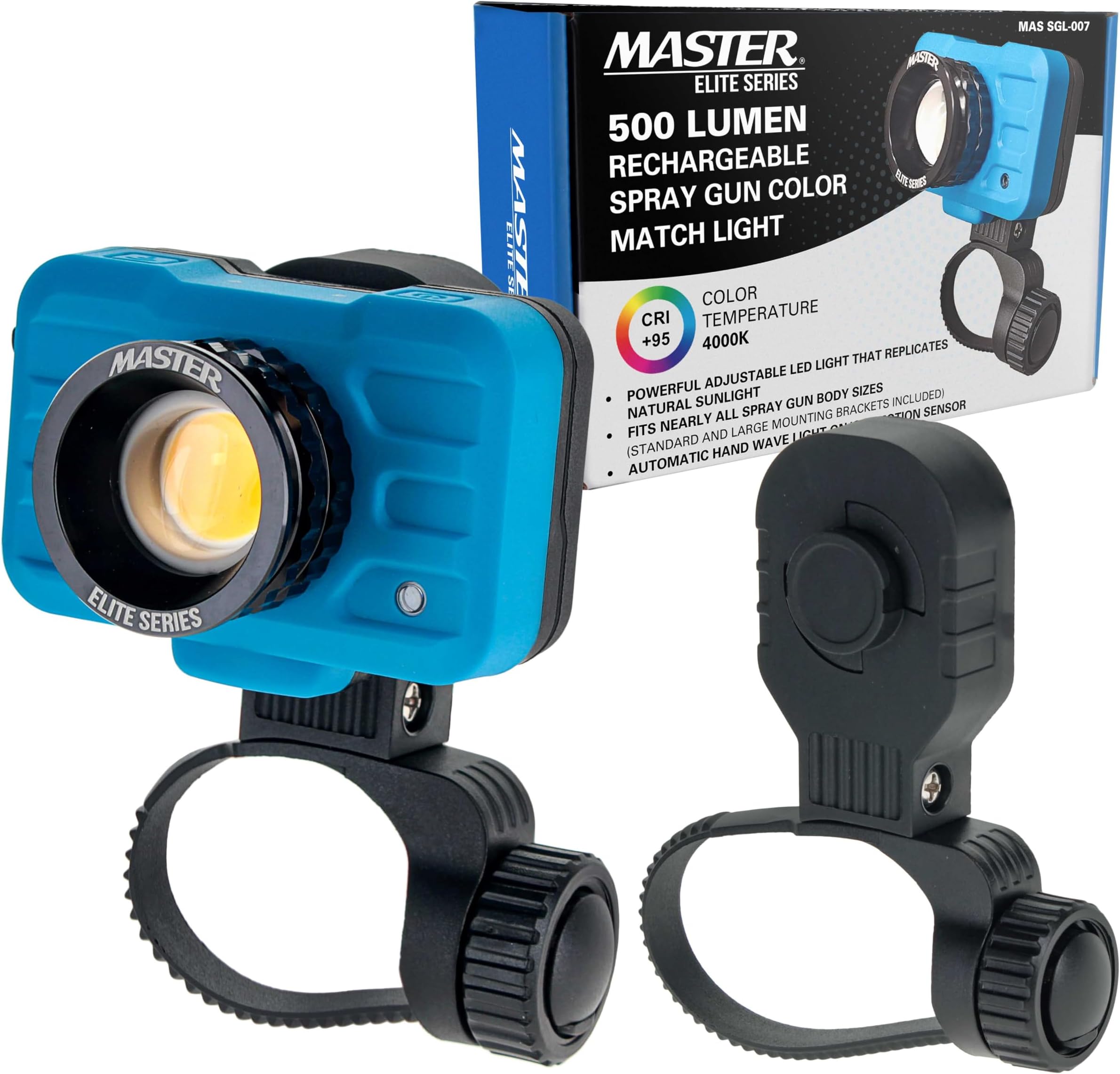 Master Elite Rechargeable Spray Gun Mount Color Match Light, 500 Lumen LED, CRI 95+ - Replicates Natural Sunlight, Illuminates Paint Surface Sprayed, Ensures Even Coverage - Automotive Repair Coating