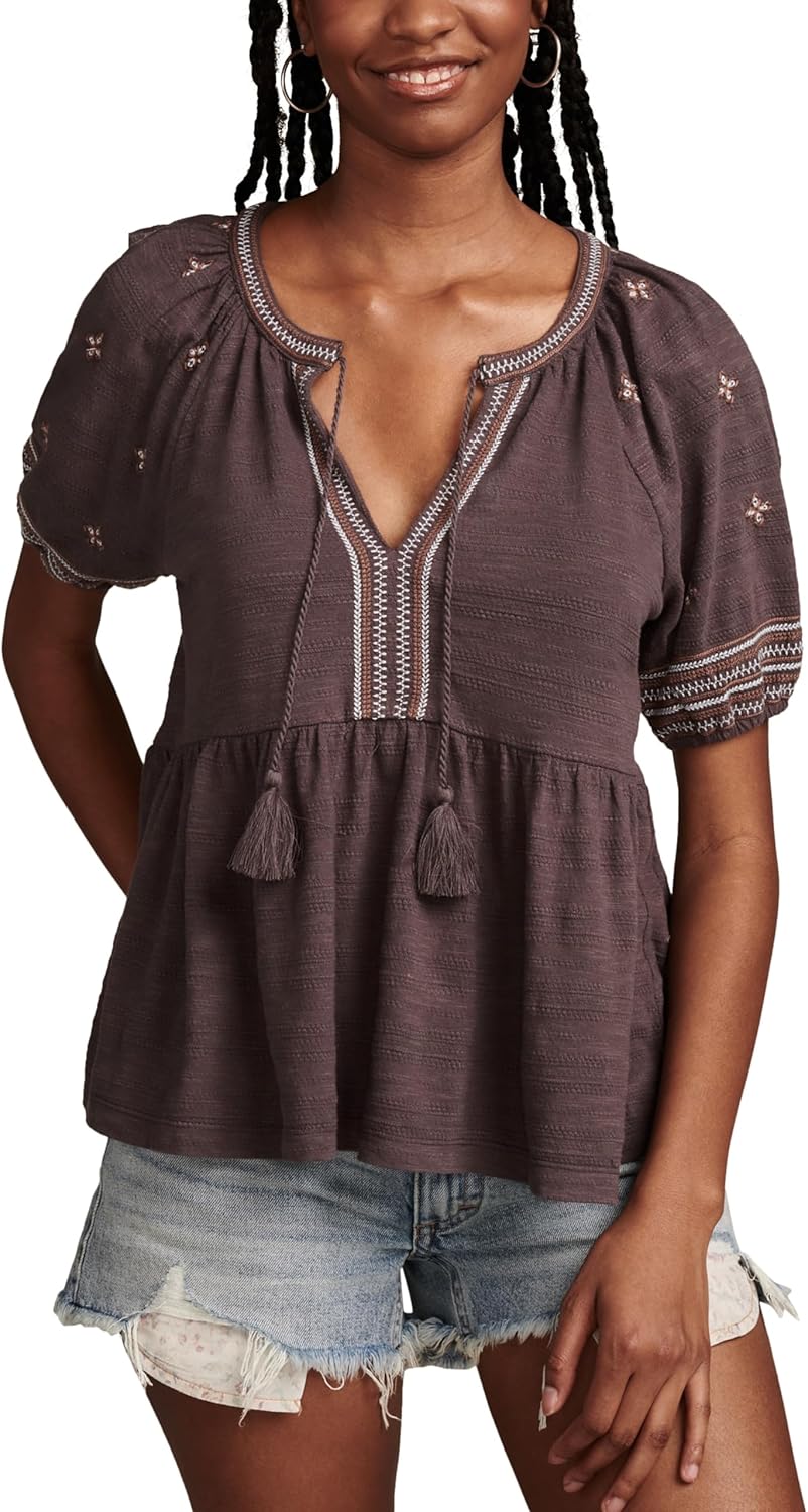Lucky Brand Womens Lucky Brand Women's Easy Embroidered Babydoll Top