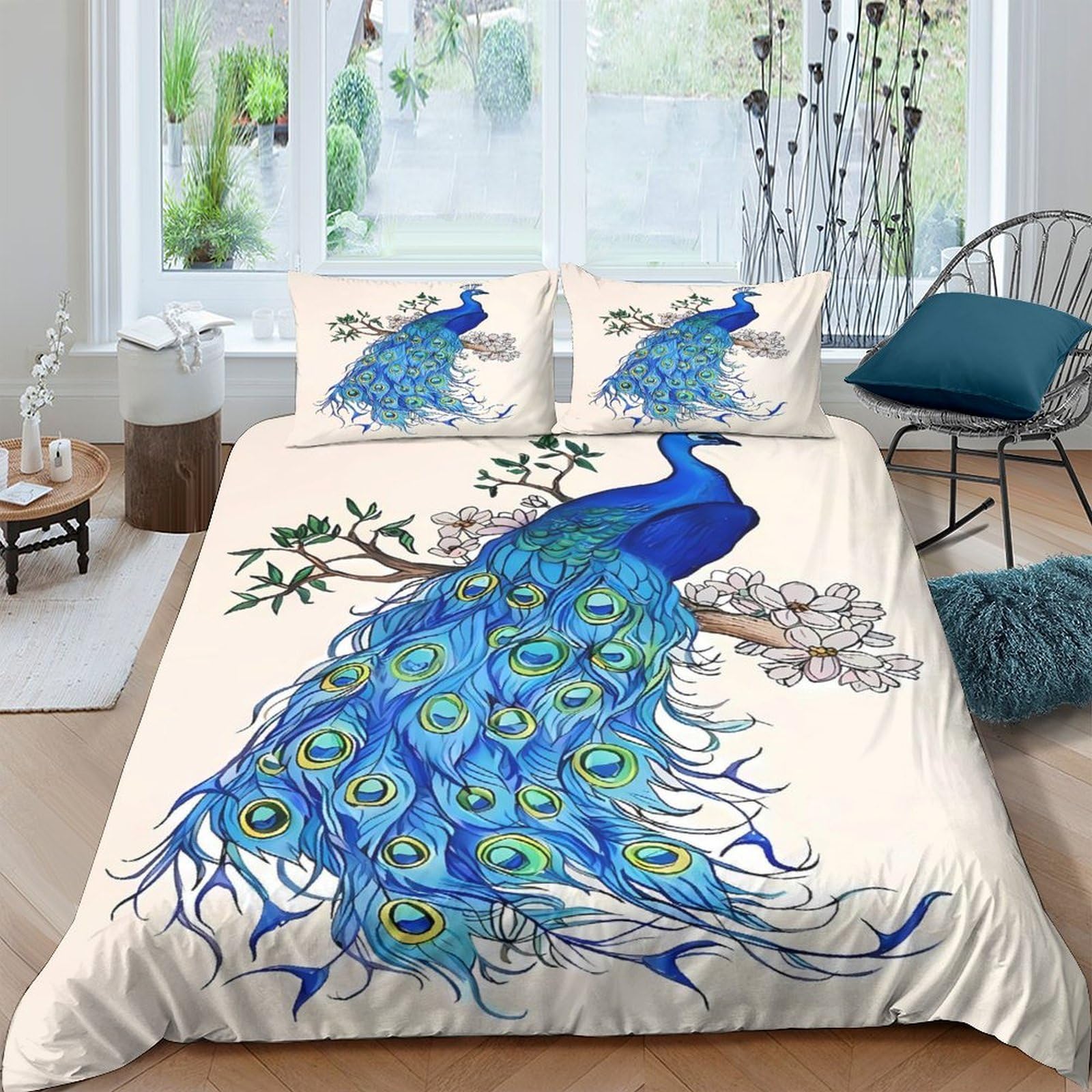 Ctjqhvkz Style-9 3D Printed Peacock Feather Fitted Sheet Microfiber Soft Blue Bird Tree Mattress Cover For Bedroom Guest Room Decor Single（135X200cm）