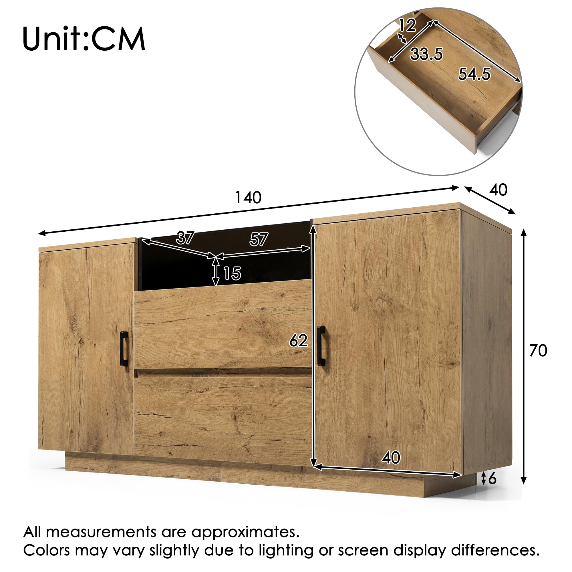Eichenoptik Kommode Sideboard mit 2 Schubladen + 2 Schränken (innen höhenverstellbar) & offenem Fach - ESG-Glas & Schwarze Griffe, H70/B140/T40 cm Möbel: Schränke im Hauptwohnraum AB20052627A
