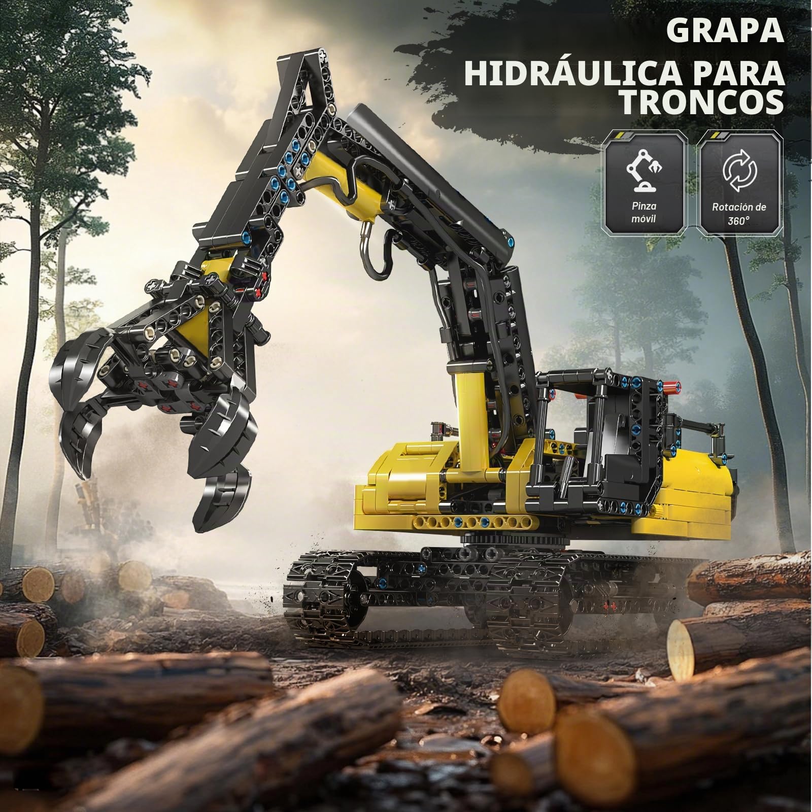 Mould King 17077 Technik Excavador con orugas, pinza hidráulica de madera, excavador de juguete para adultos, excavador de bolsillo, juguete educativo mecánico (versión estática)