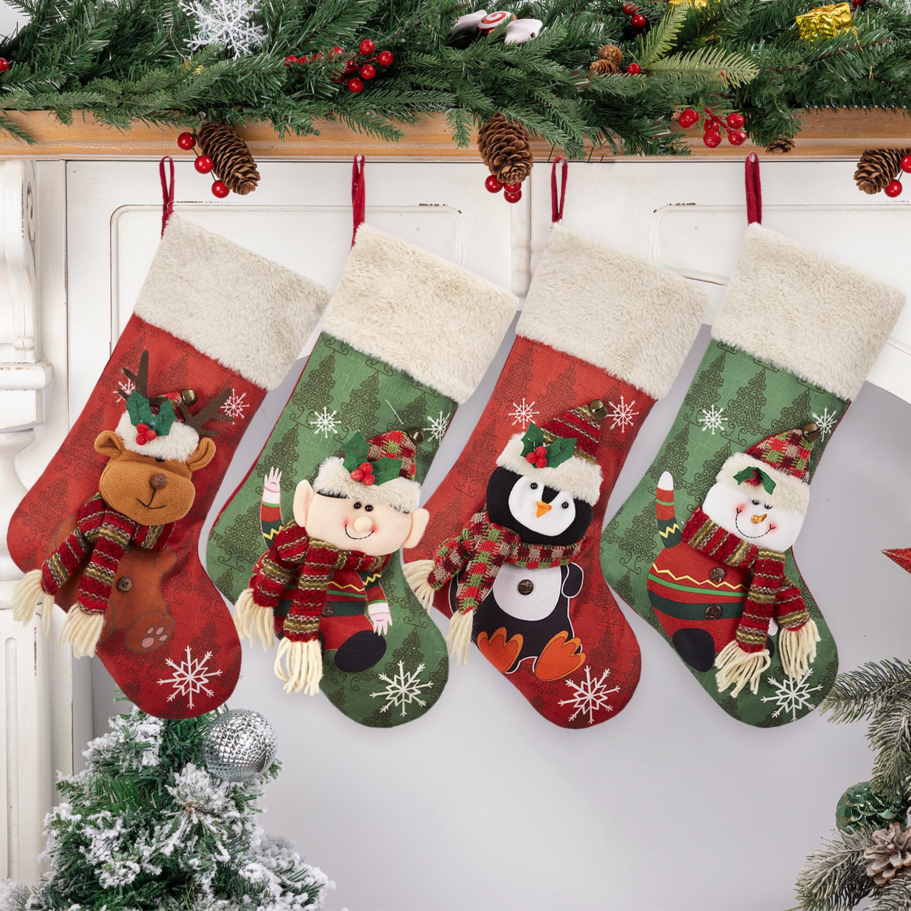Relosy Christmas Stockings - Large Xmas Stocking with Santa Snowman Reindeer Elf,Family Stocking,Gifts & Decorations for Fireplace Holiday Party
