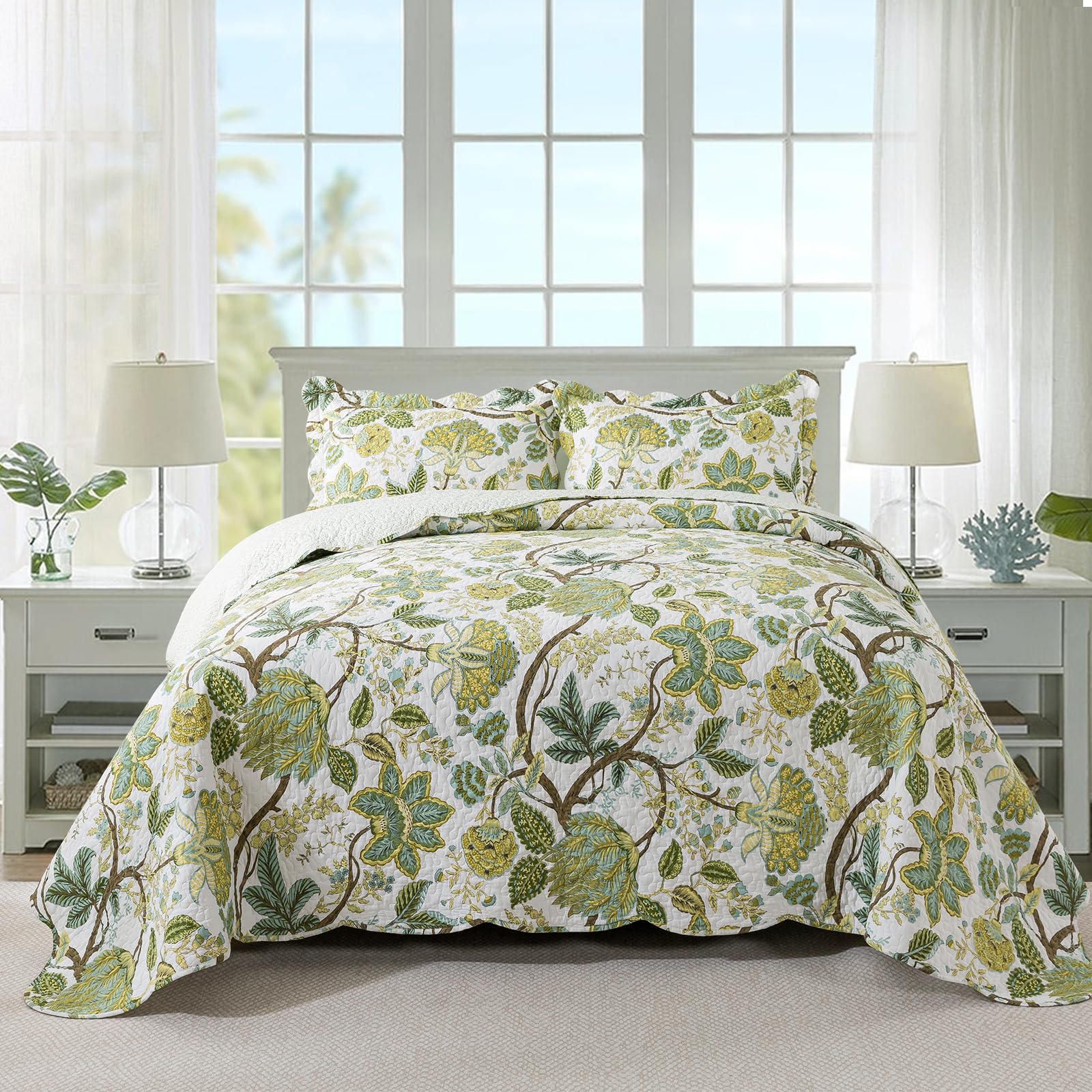 Travan 3-Piece Quilt Set Quilted Bedspread Cotton Coverlet Set Floral Oversized Quilted Bedding Set for All Season, White Vine, King Size — image 1
