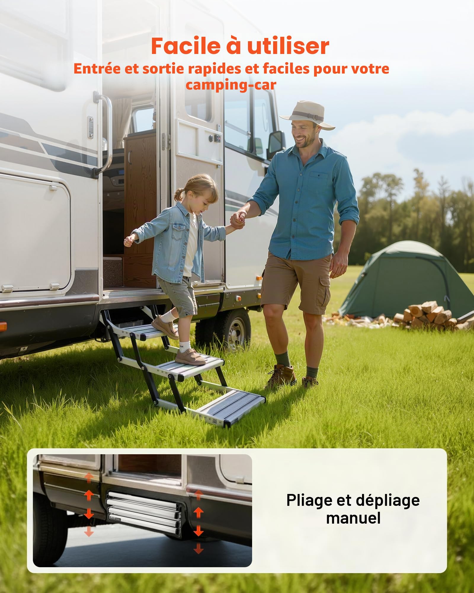VEVOR Escalier Pliable à 3 Marches, Marchepied Rétractable Manuel,Structure en Acier, Marches Télescopiques Antidérapantes en Alliage d'Aluminium, pour Camping-Car Caravane Remorque, Capacité 200 kg