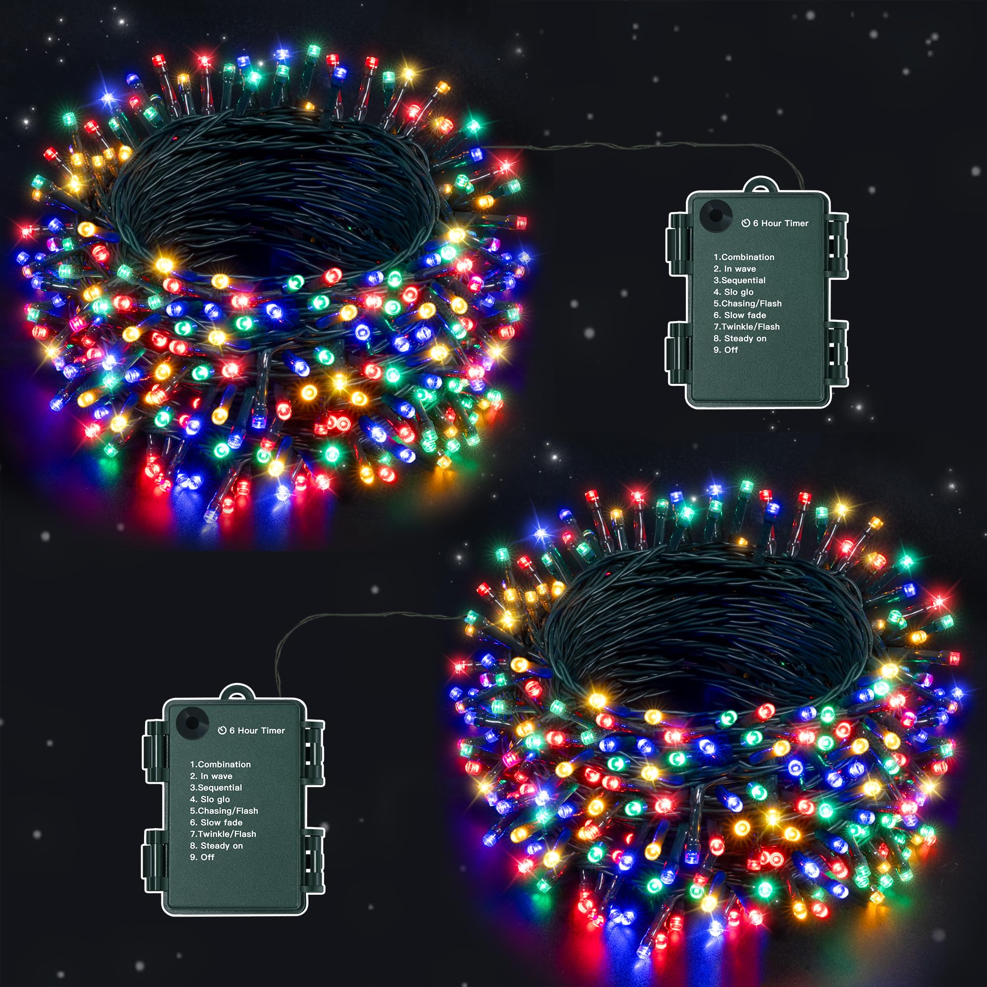 Ollny Fairy Lights Battery Operated, 20M 200 LEDs Battery Powered String Lights, 2 Pack 10m Multicoloured Outdoor Lights Waterproof with 8 Modes/Timer for Indoor Bedroom Outside Garden Tree