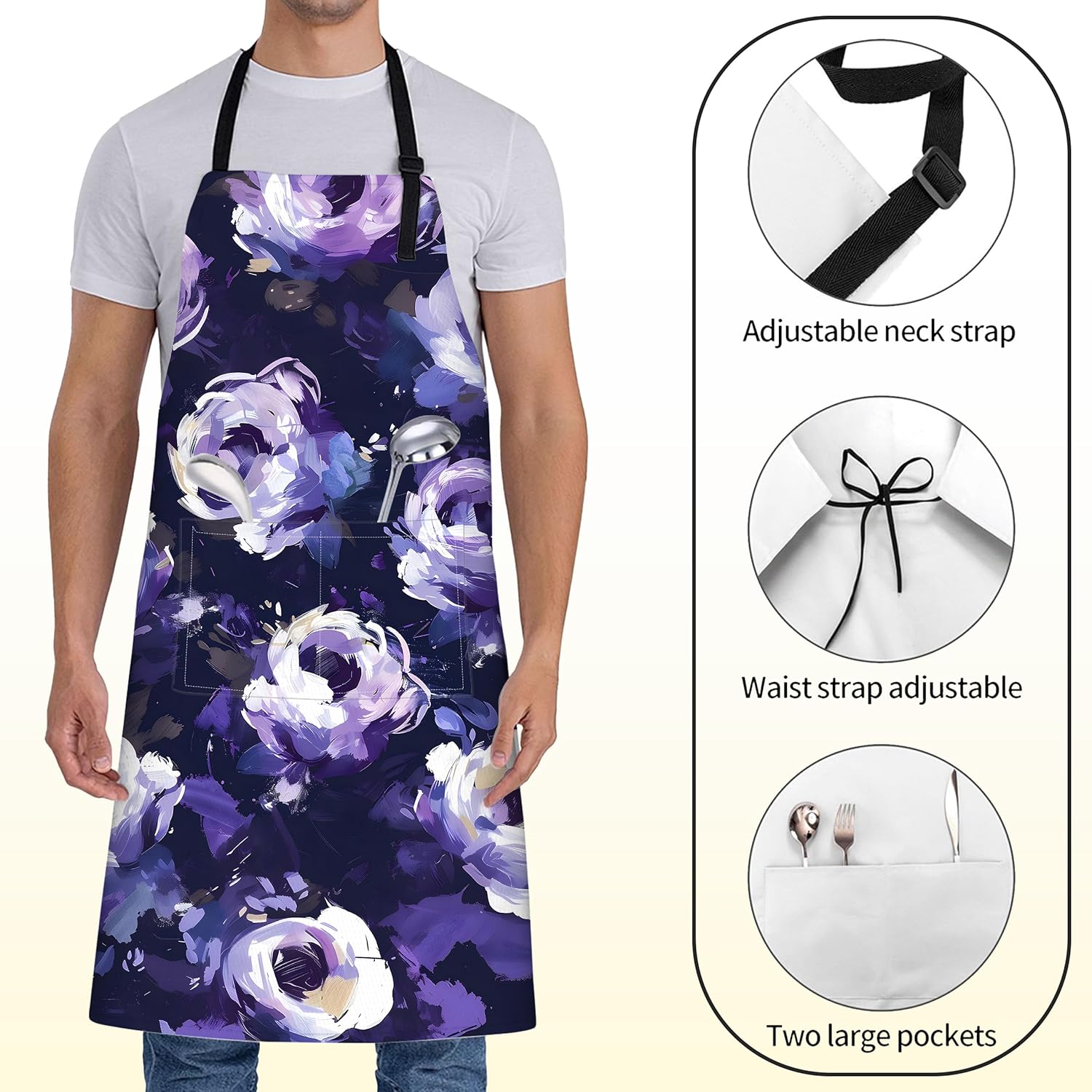 Floral Apron for Women with Purple Rose,28x33in,Elegant Flower Kitchen Aprons with 2 Pockets, Oxford Fabric,Dark Adjustable Apron for Cooking Baking Gardening Chef,Gifts for Mom Wife - Image 2