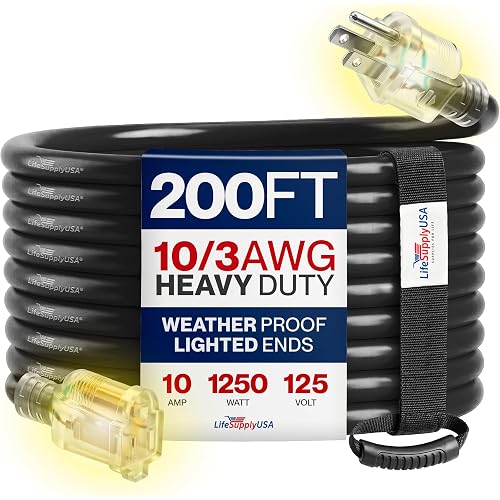 200ft Outdoor/Indoor Extension Cord 10/3 Gauge Ultra Heavy Duty 3 Prong SJTW, Waterproof, Flexible Cold-Resistant Long Power Cord,10A 125V 1000W, Black by LifeSupplyUSA