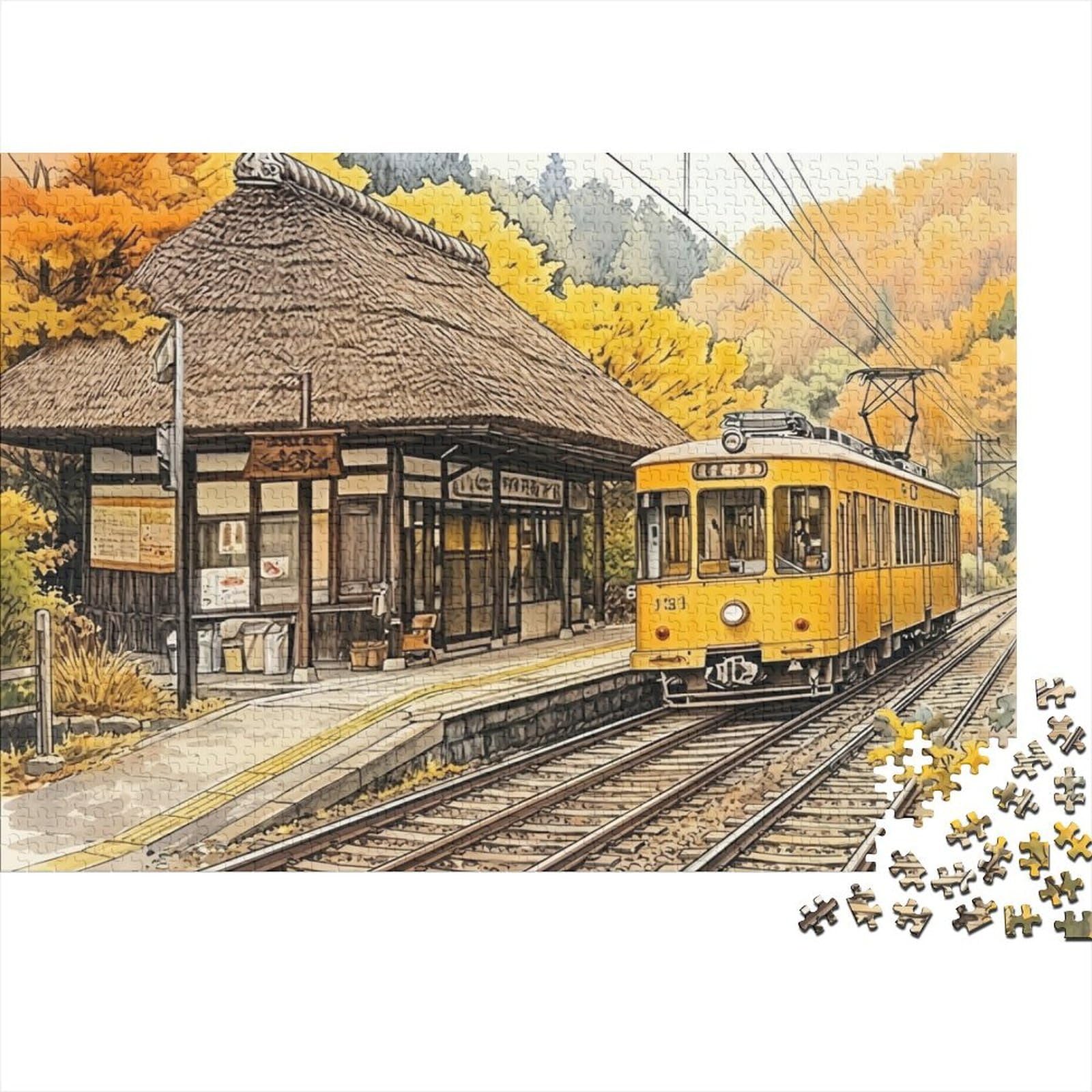Autumn Train Station 1000 Piece Jigsaw Puzzle Paper Adult Jigsaw Puzzle for Adults Autumn Scenery Puzzle Game for Family Relaxation Decor 52x38cm/1000pcs