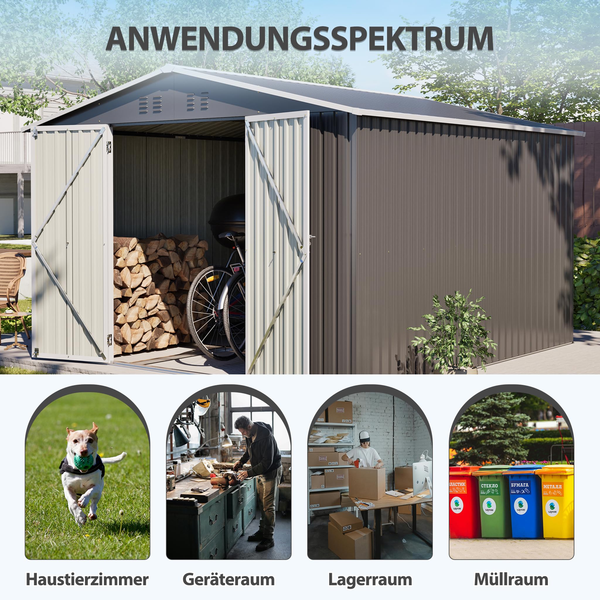 Metall Gerätehaus 300x300 cm Anthrazit, abschließbarer Gartenschuppen mit Bodenrahmen, wetterfester Stahl Geräteschuppen, Fahrradgarage