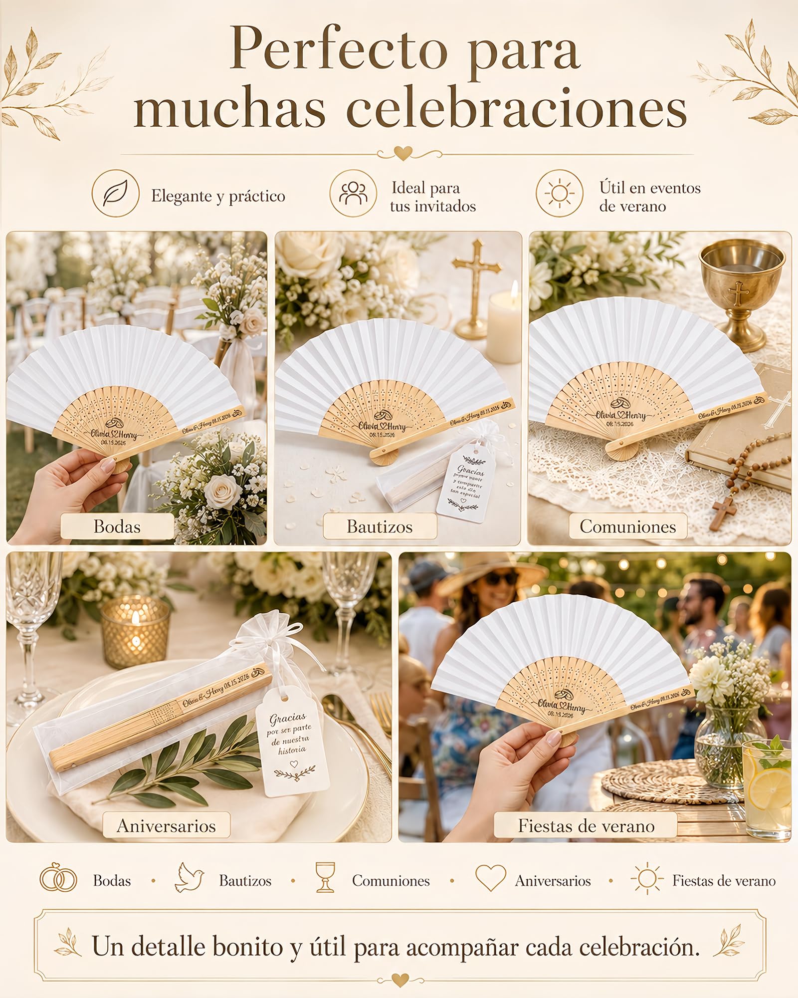 Abanicos Personalizados de Madera para Bodas – Abanico Boda Personalizado con Texto/Diseño Grabado/Bolsa de Organza y Borla, Detalles Boda para Invitados, Eventos y Decoración (50Pcs)
