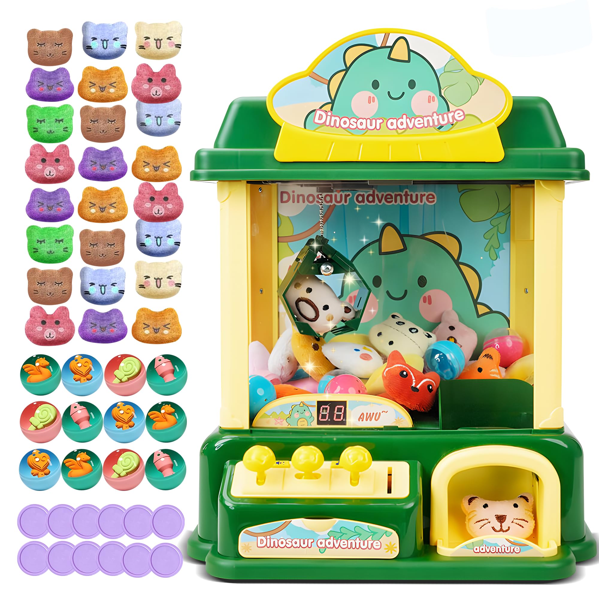 ROHSCE Kids Claw Machine, Dinosaur Adventure Large Toy Claw Machine with Plush Toys, Light Music, Coins & Capsules, Mini Vending Machine Toy for Boys Girls Ages 4-12, Birthday Gift