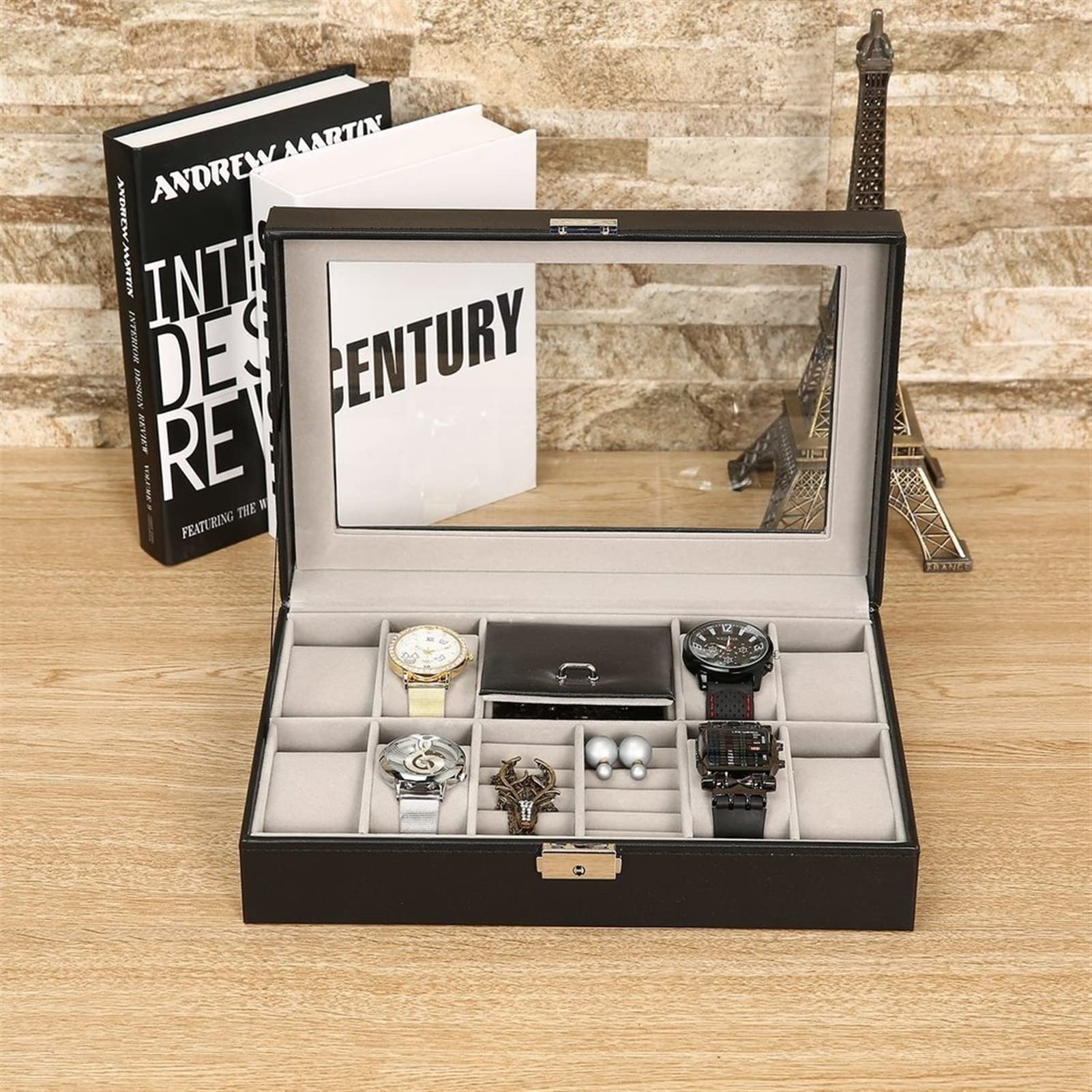 Uhrenbox, Uhrengehäuse, Aufbewahrungsbox, Uhrenbox, Uhrenbox für Damen und Herren, 12 Fächer, schwarze Uhrenbox, PU-Lederetui, Organizer mit Schmuckschublade zur Aufbewahrung und Präsentation von