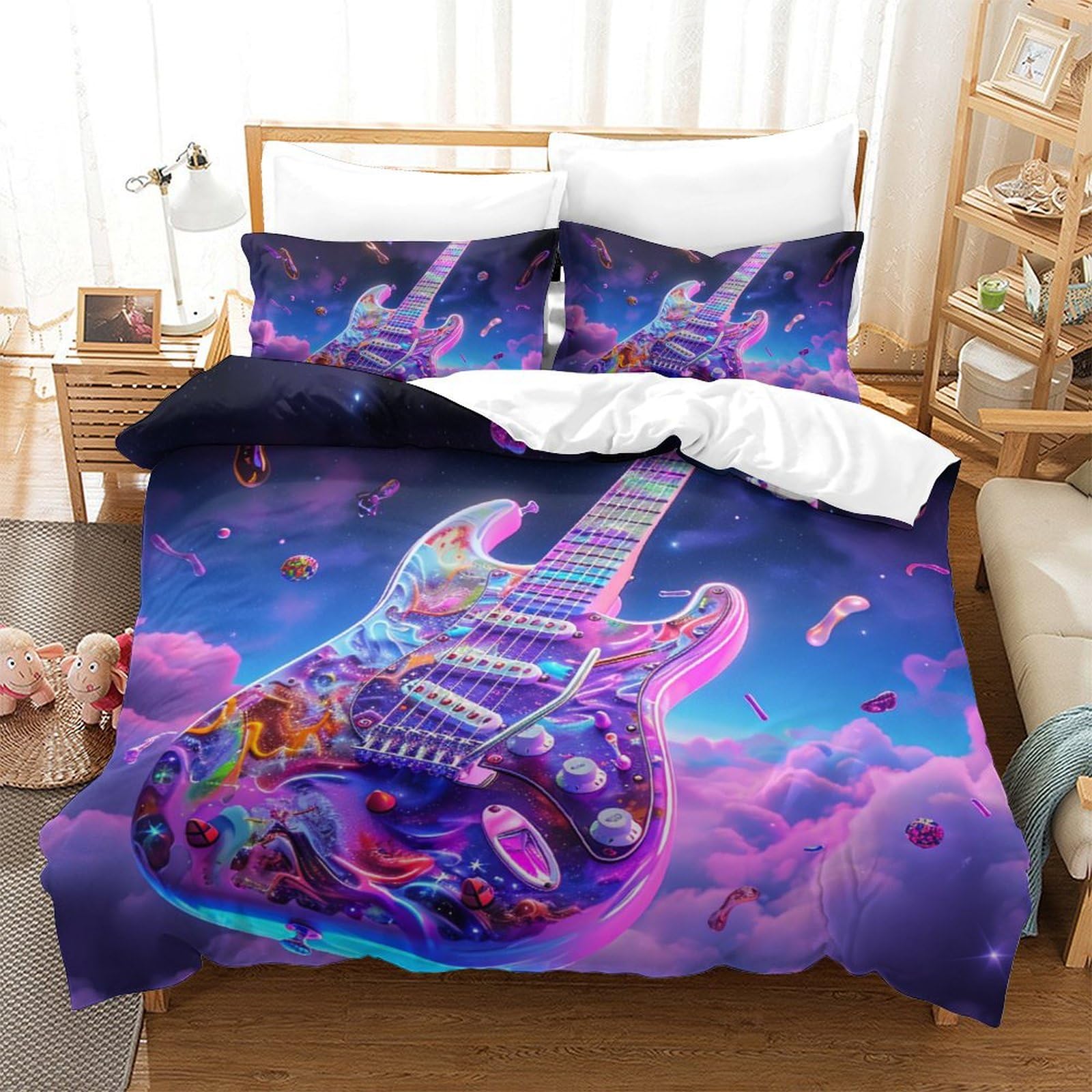 Housse de couette guitare microfibre anti-plis pour lit king size 3D