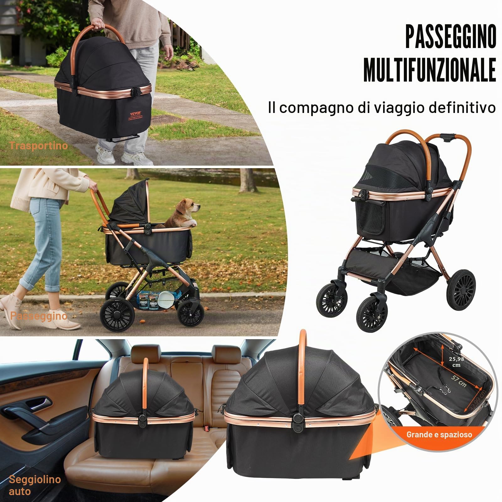 VEVOR Passeggino per animali domestici, 4 ruote con freni, capacità di carico 29,9 kg, passeggino per cuccioli con trasportino staccabile, cestino portaoggetti e tappetino per animali domestici, per