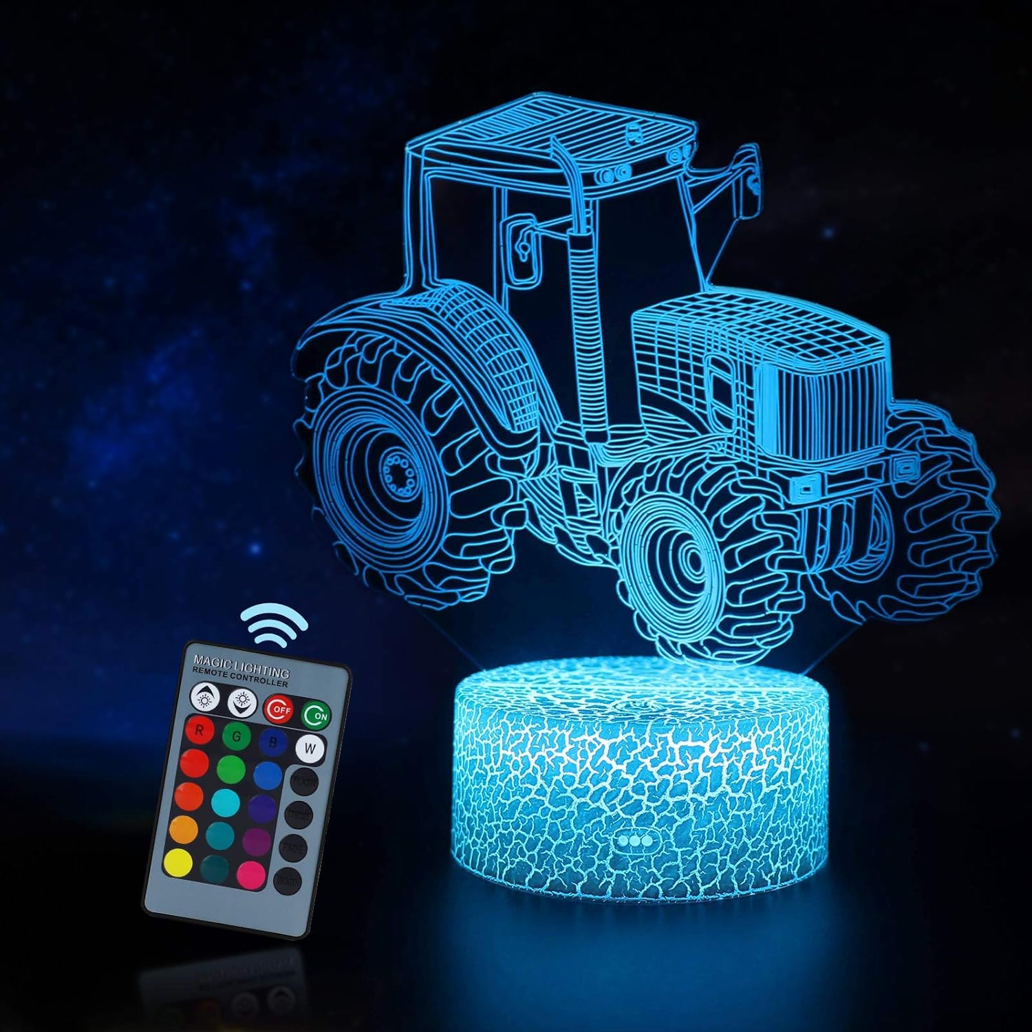 Yordawn 3D Luz Nocturna para Niños LED Ilusión Luz de Noche 16 Colores Cambian con Control Remoto Lámpara de Mesa Noche Decoración de Dormitorio Regalo para Niños Niñas Tractor