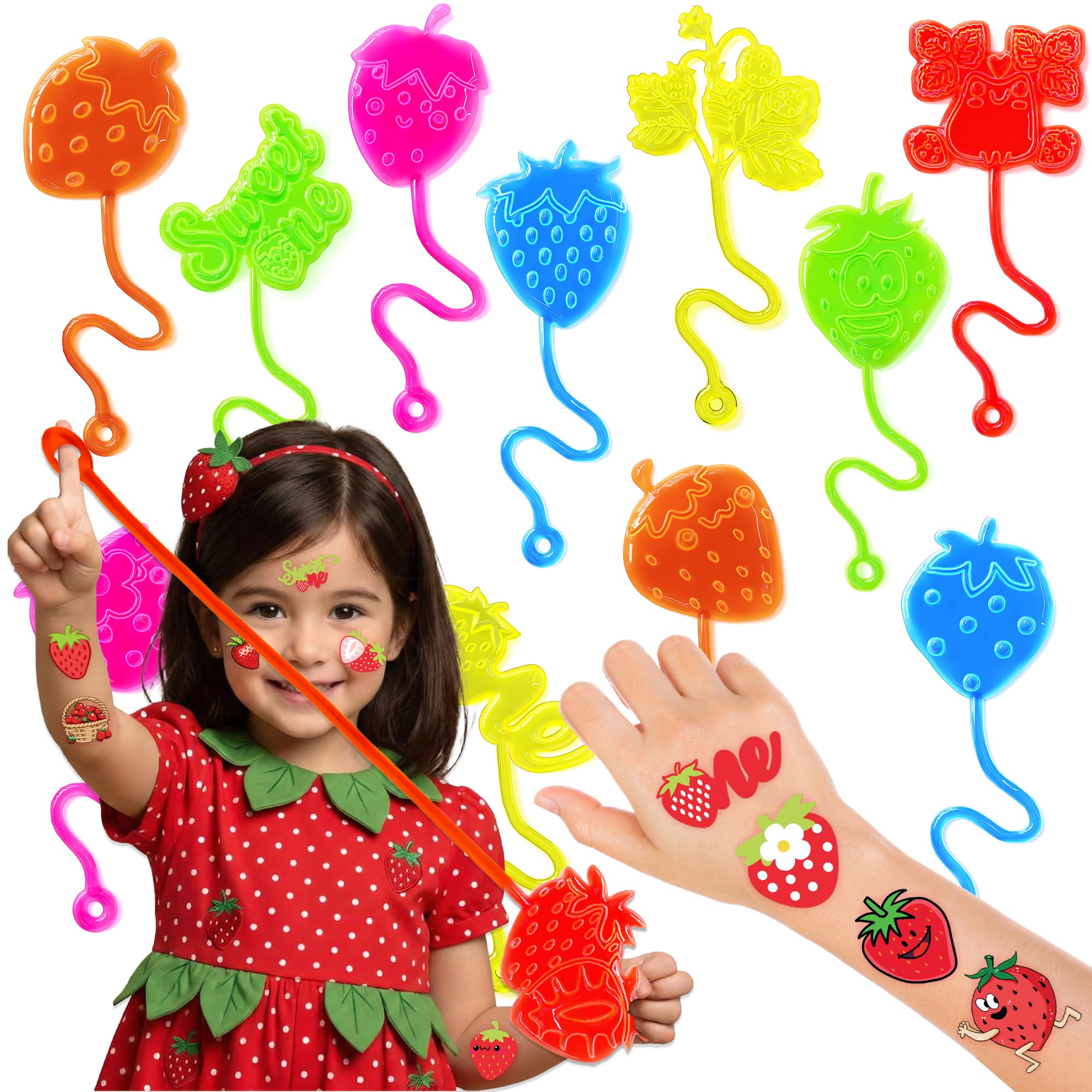 48PCS Strawberry Party Favors - 24PCS Berry First Temporary Tattoos & 24PCS Stick Hands - Perfect Birthday Supplies, Goodie Bag Stuffers, Treasure Box