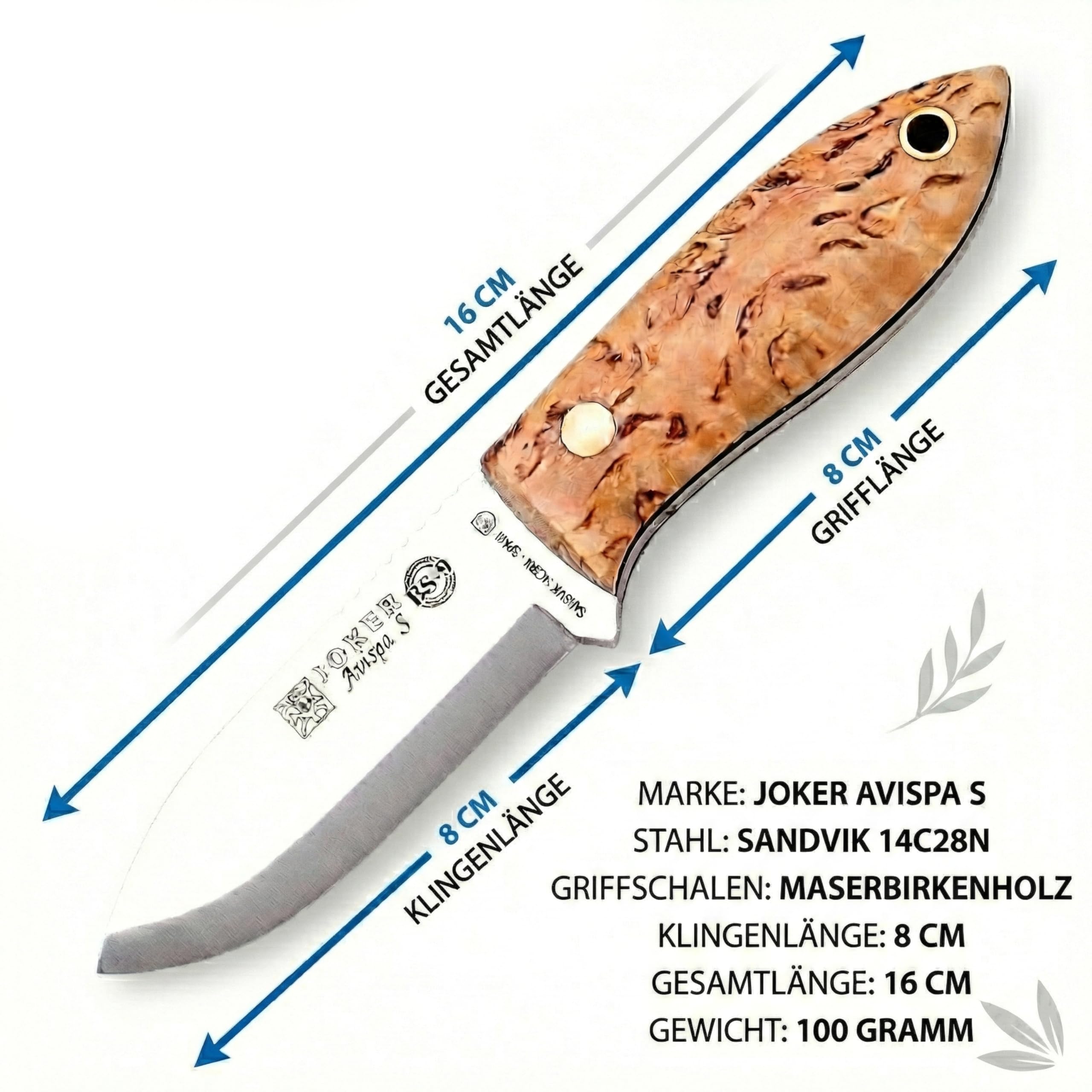Joker Bushcraft-Messer Avispa S CL121, Griff aus lockigem Birkenholz, Gürtelmesser mit 8 cm Klinge mit Wirbelsäulengriff, inkl. brauner Lederscheide, Werkzeug zum Angeln, Jagen, Camping und Wandern