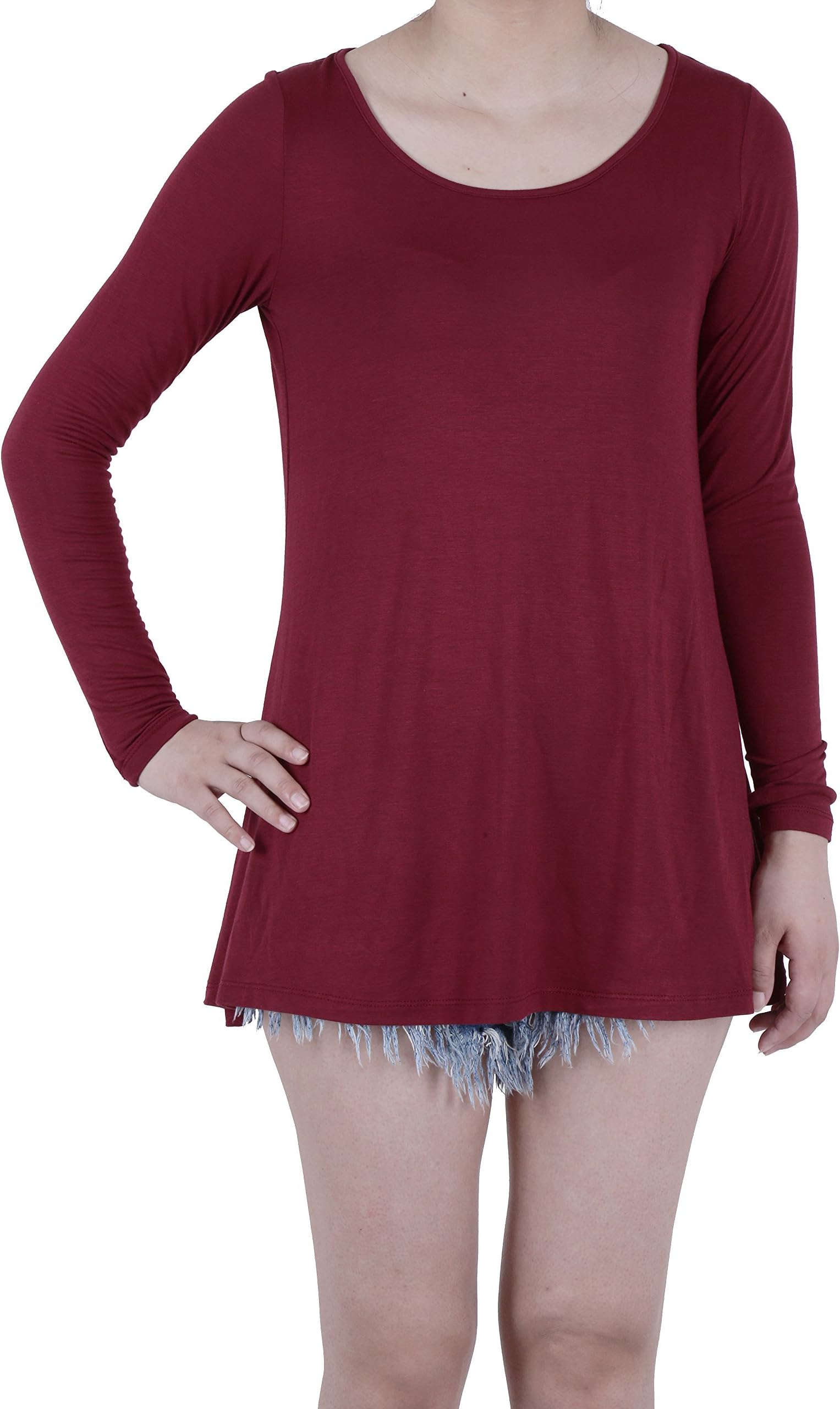 FAVELEM Womens Long Sleeve Loose Fit Short Tunic Top T Shirts(XXL,Burgundy) 904-5 Apparel