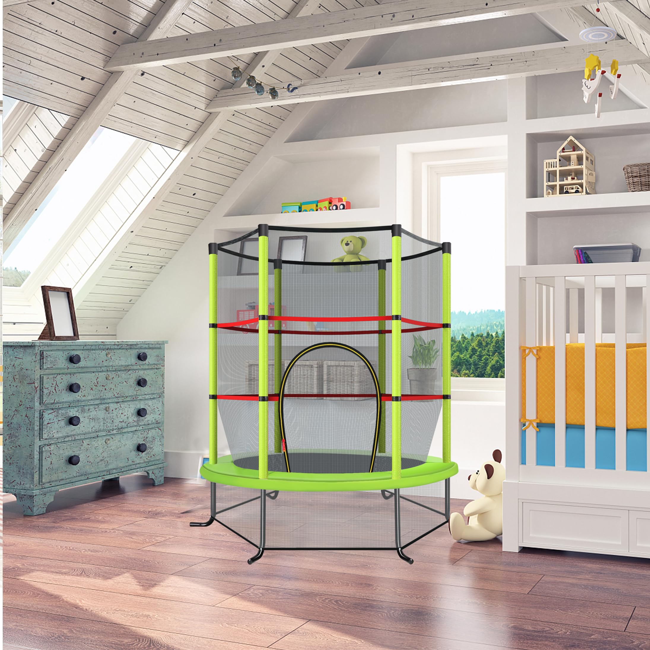 KOMFOTTEU Trampolino per Bambini 3-6 Anni, Tappeto Elastico Bambini con Rete di Sicurezza e Chiusura a Cerniera, Saltarello da Esterno in Acciaio Zincato, Portato 135 kg, 165x165x161 cm