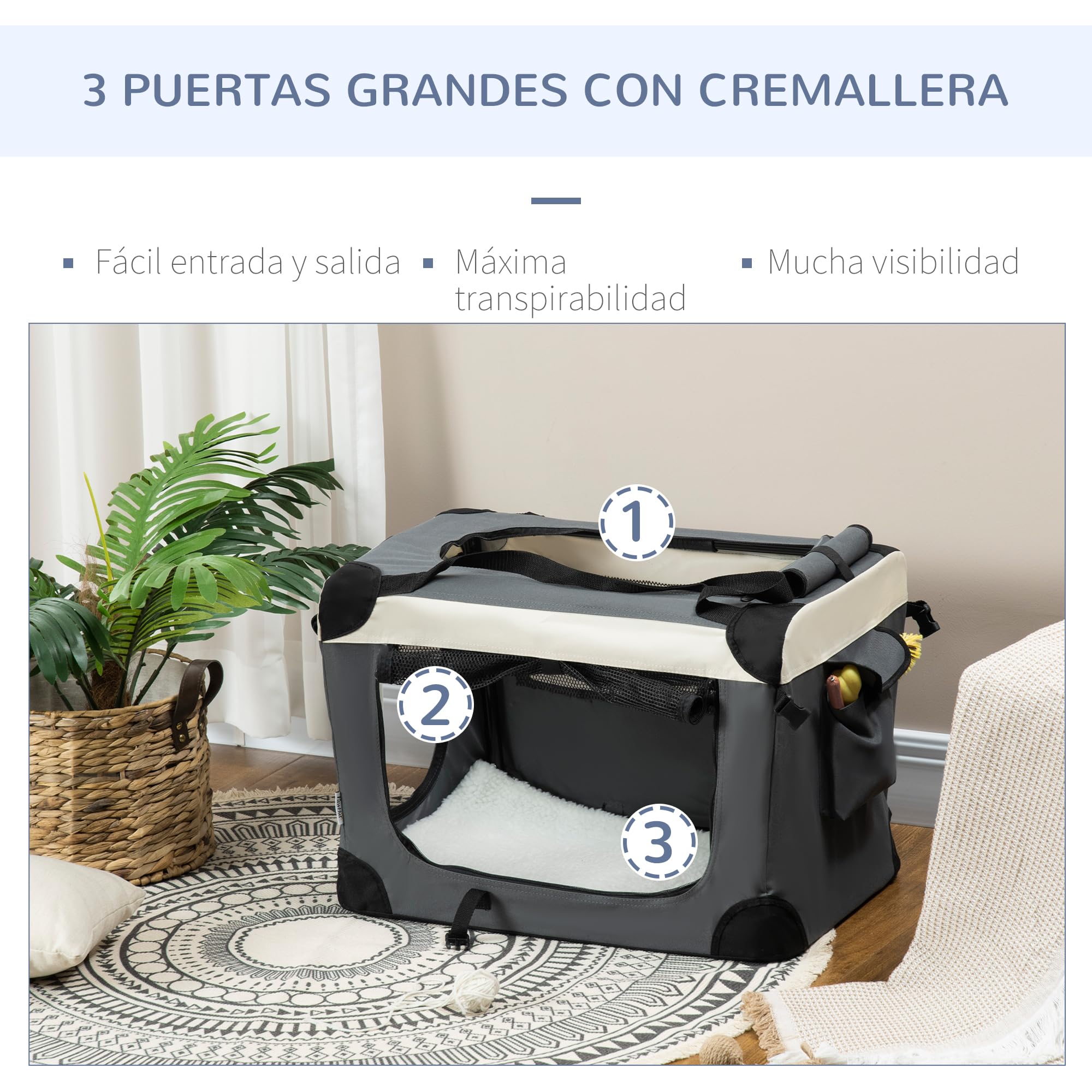 PawHut Transportín para Perros Plegable 60x41x41 cm Transportín para Mascotas con Ventanas Cojín Suave y 2 Correas del Hombro Bolsa de Transporte para Mini Perros Gatos Gris