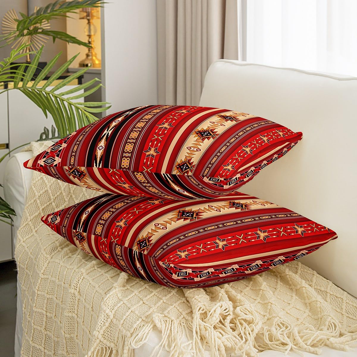 Juego De 4 Fundas De Almohada Aztecas Nativas Americanas De 18 X 18 Pulgadas, Decoración Rústica De Estilo Mexicano Del Suroeste Para Exteriores, Decoración De Navidad, Para Sofá, Hogar, Color Rojo