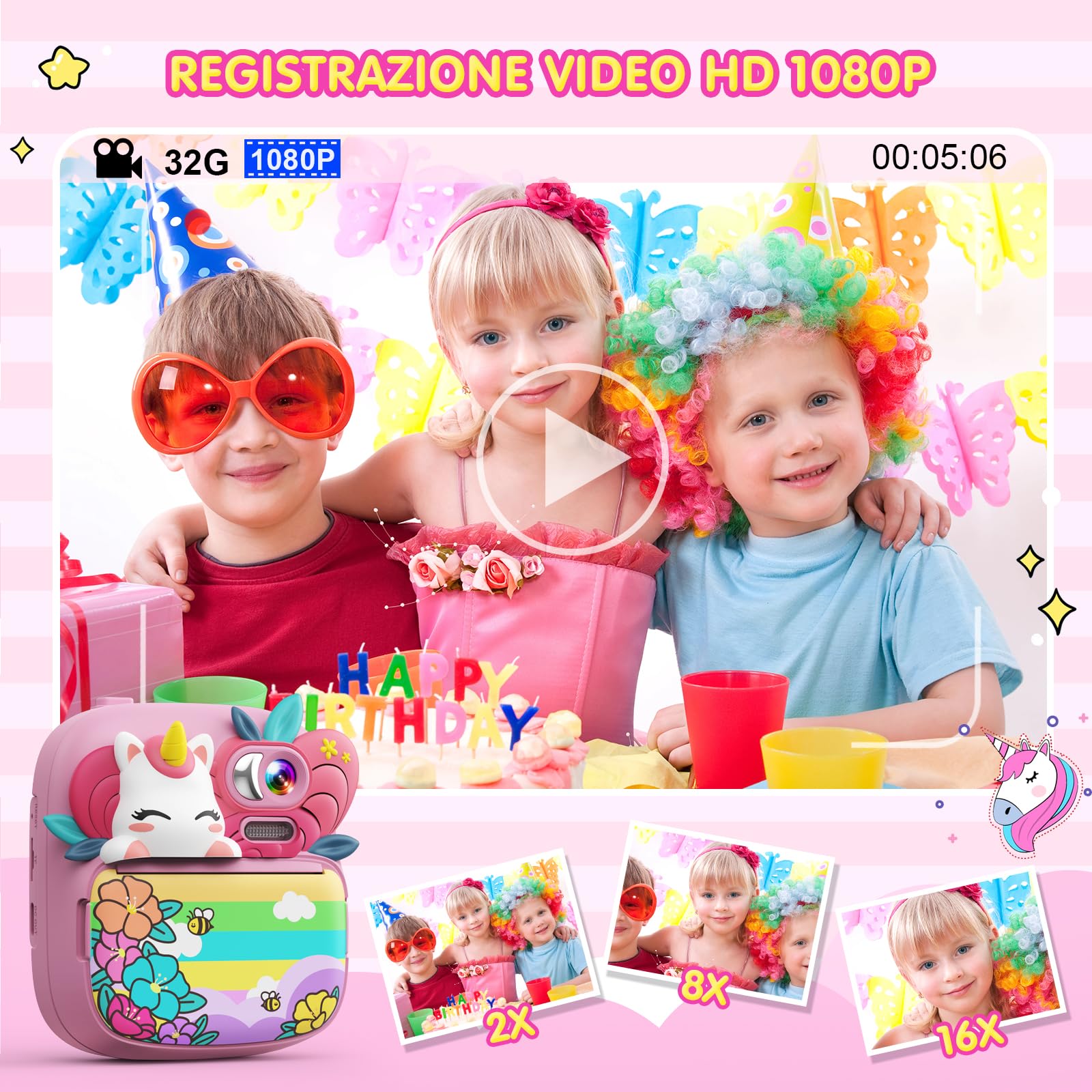 TIATUA Macchina Fotografica Bambini Istantanea, 2.4 Pollici 1080P HD Fotocamera Bambini con 32GB Scheda & Carta da Stampa, Regali per bambini dai 3 ai 12 anni