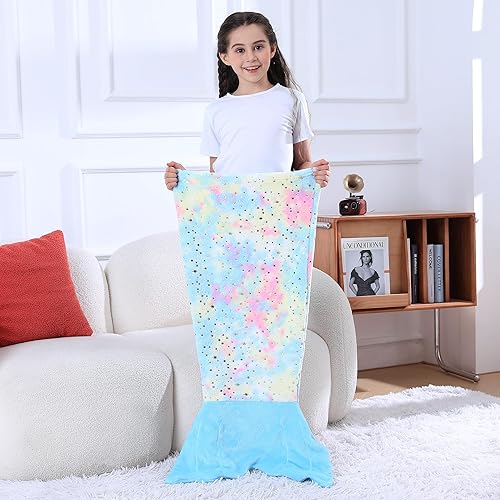 Miniatura 6 de Softan Manta de cola de sirena para niños, manta de franela suave de sirena de forro polar, manta de dormir para niños pequeños con estrella