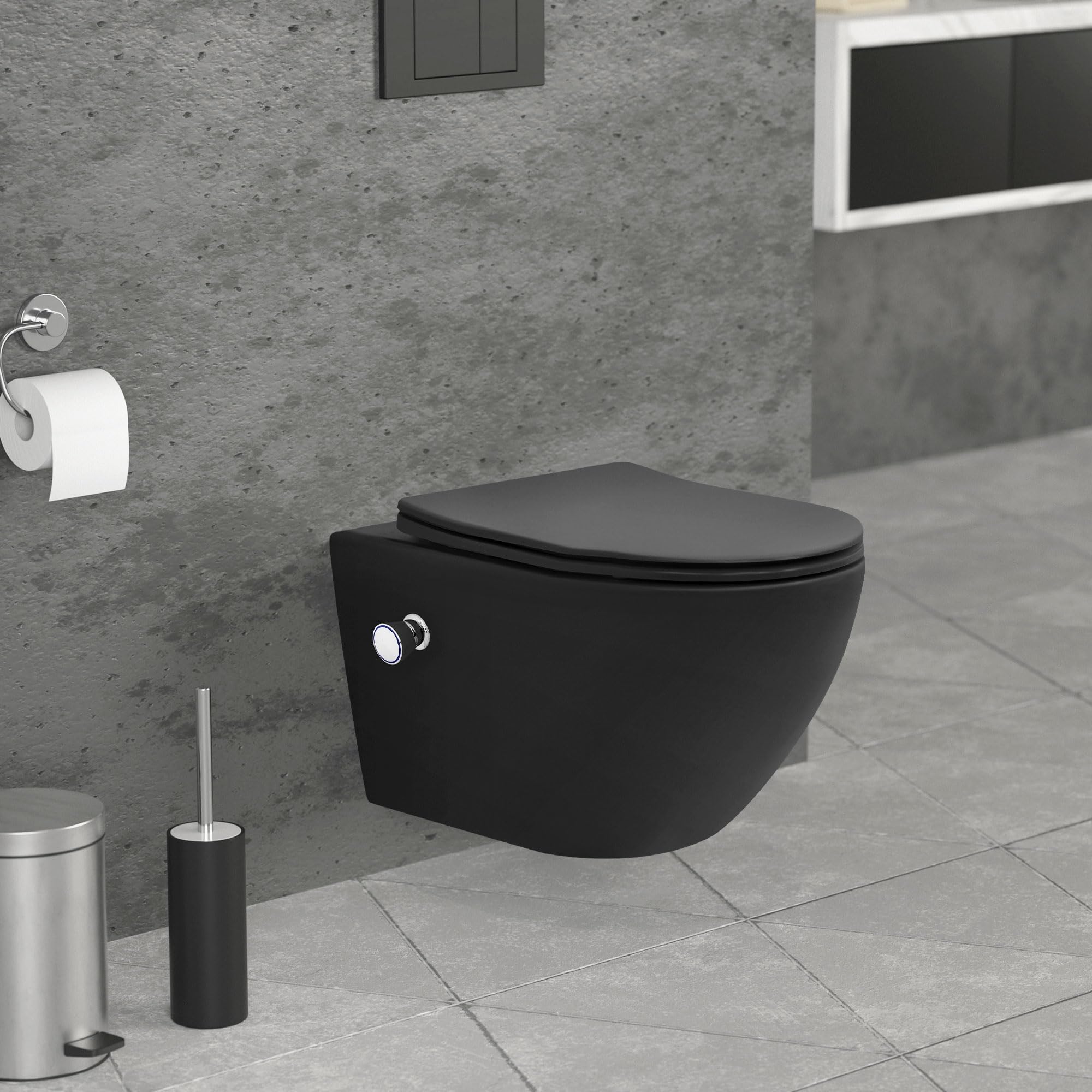 LuxeBath WC Sospeso Senza Bordo in Ceramica Nero Lungo 54 cm con Funzione Bidet Sedile Soft-Close in Duroplast Chiusura Ammortizzata Sciacquone Tornado Vaso Toilette Moderno con Materiale Montaggio