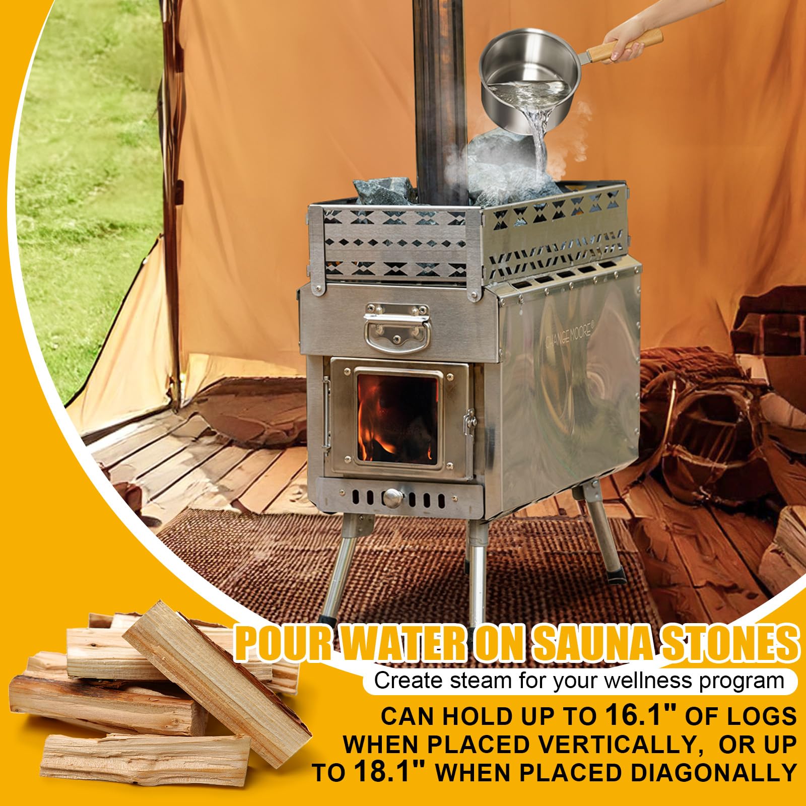 CHANGE MOORE Wood Burning Sauna Hot Tent Stove, Upgraded Heat Concentration for Lasting Warmth, Portable Camping Wood Stove, Outdoor Camping Fireplace with Anti-scalding Cloth & Chimney Pipe