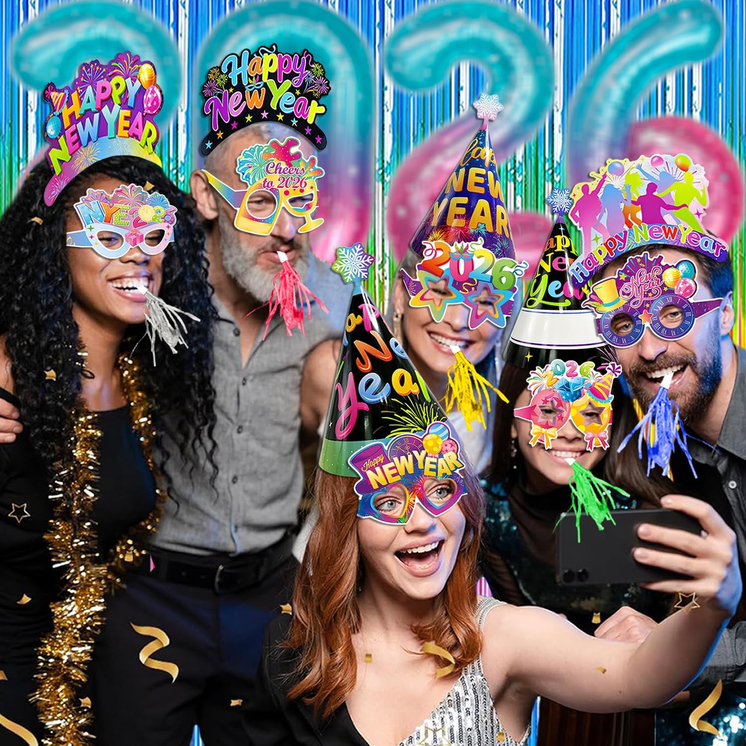 Colorful New Years Eve Party Supplies 2026 For Kids, Happy New Year Favors-Headwear Eyeglasses, Top Hats, Party Blowers, 2026 Decorations Kit for New Year's Eve Party - Image 7