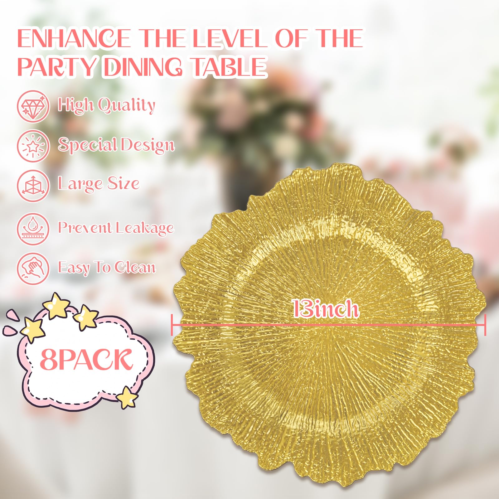 LIYH 8 Pcs Gold Charger Plates 13'' Plastic Round Chargers Plates Reusable Wedding Dinner for for Table Setting Wedding Party Decoration