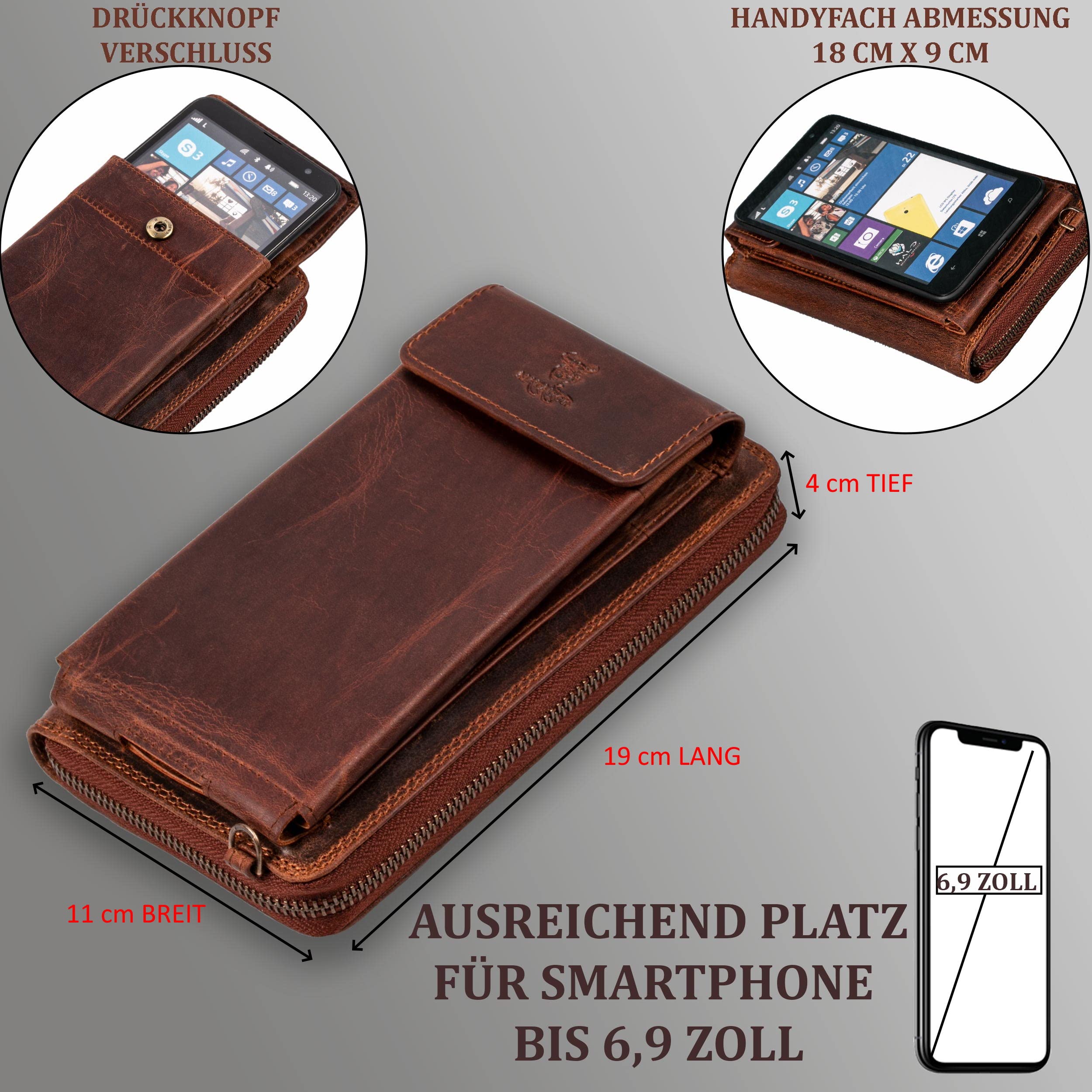 MATADOR 2in1 Echt Leder Umhängetasche Geldbörse mit Handytasche zum Umhängen Mittelgroß mit abnehmbarem Schultergurt| Strandtasche Damen-Umhängetaschen Leder mit RFID NFC Schutz Blocker & Geschenk Box