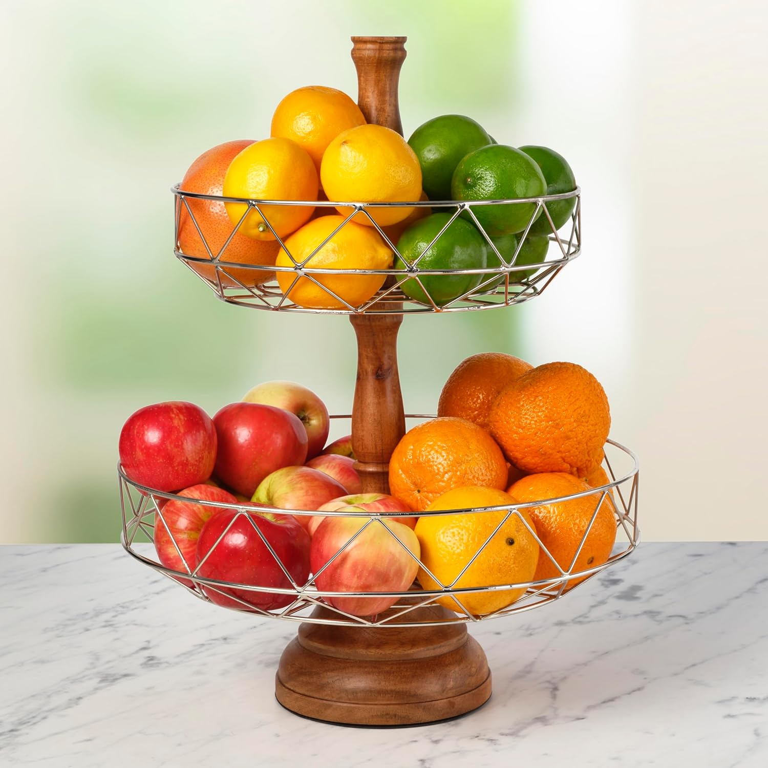 Gourmet Basics by Mikasa Sidney 2-Tier Fruit and Vegetable Storage Basket, Metal and Acacia Wood Kitchen Countertop Organizer for Stylish Produce Display
