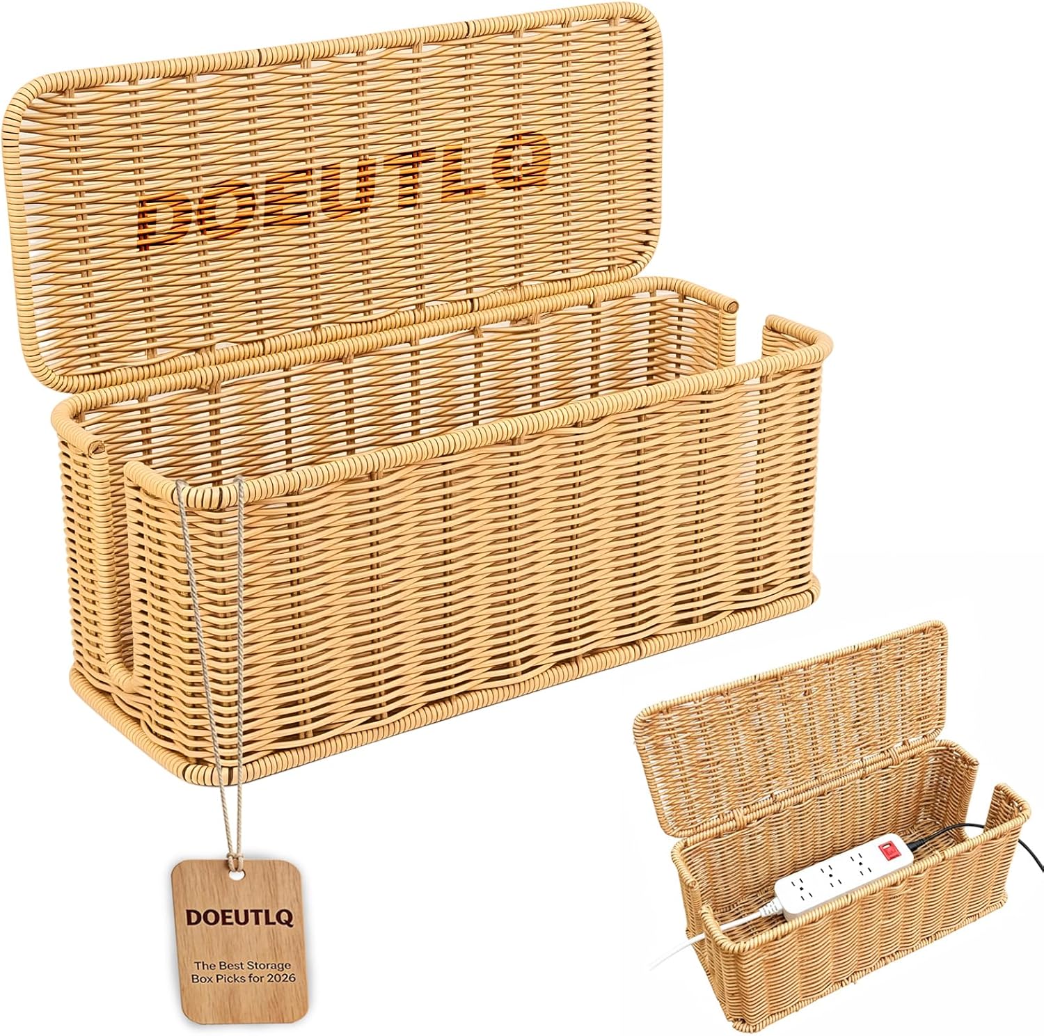 Desk Organizer Decorative Rattan Decor Countertop Cable Management Box Charging Station for Appliances Cord Hider Office Storage Router with Lid Under Wire Tech Basket Extension Phone Cute Handmade