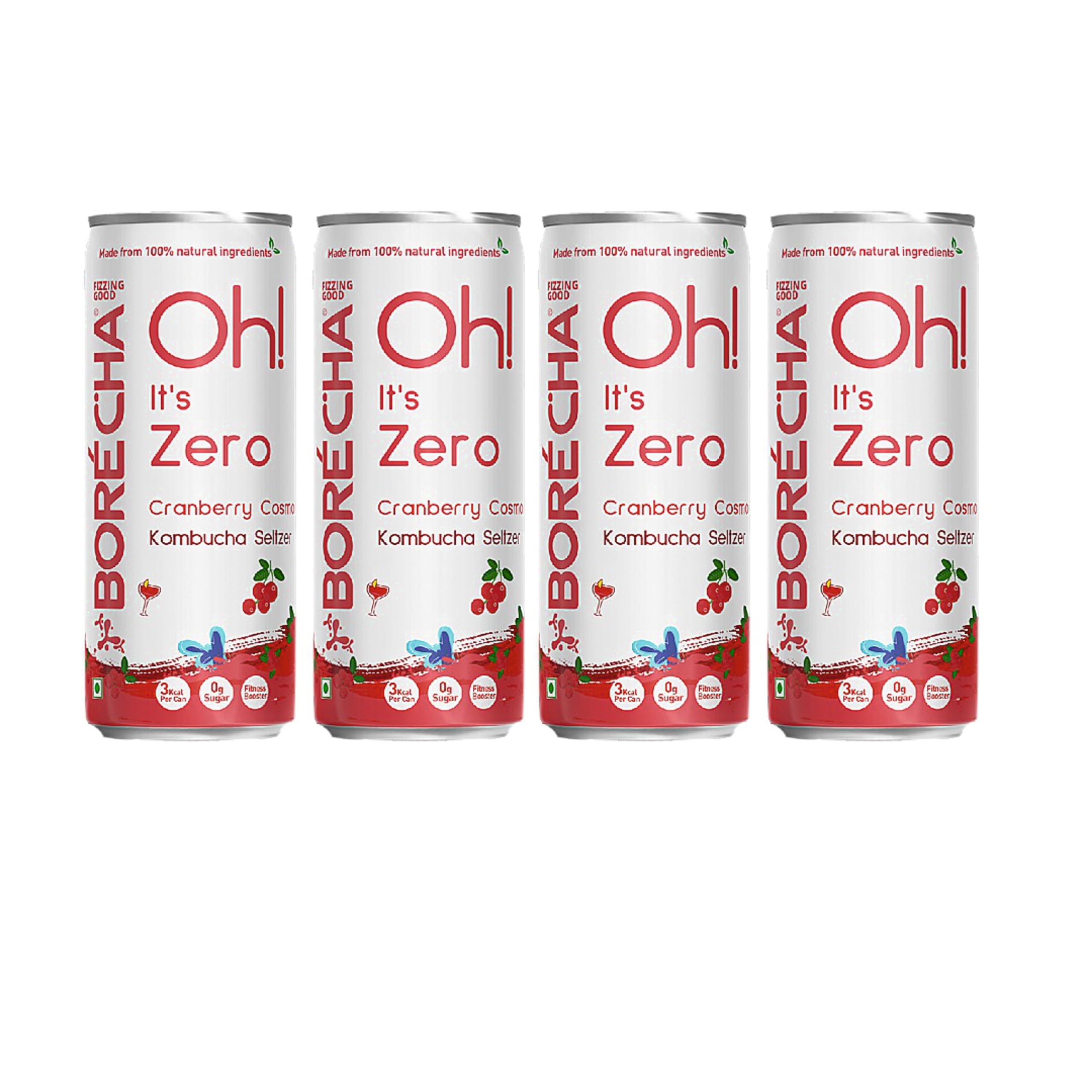 Borécha Oh! Zero Sugar Prebiotic Kombucha Seltzer | 330ml x 4 | Gut Health Support |100% Natural | Antioxidant and Hydration Companion |3.3 Calories | 1000mg Chicory Root (Cranberry Cosmo, Pack Of 4)
