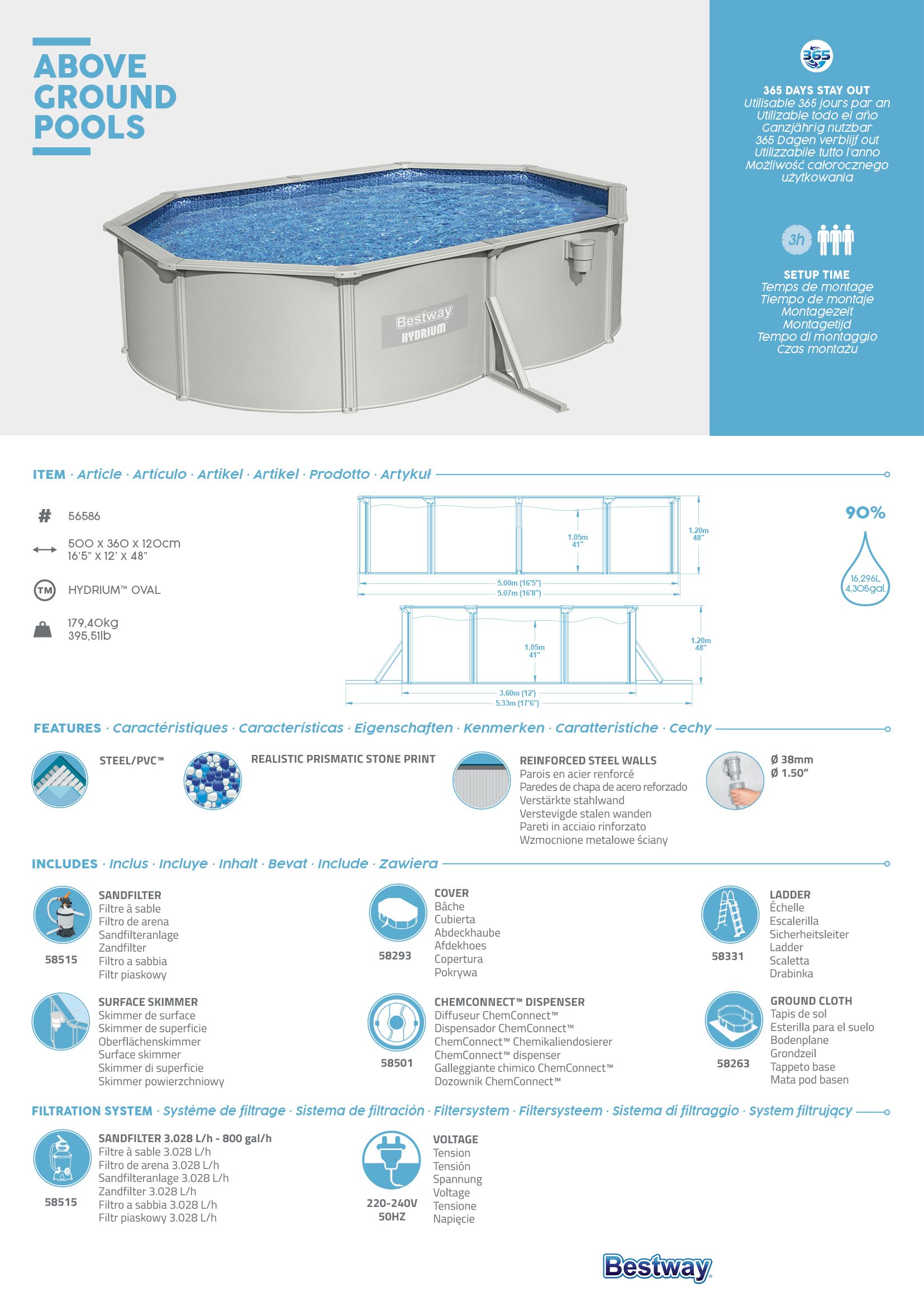 Bestway Hydrium Stahlwandpool Komplett-Set mit Sandfilteranlage 500 x 360 x 120 cm, grau, rund