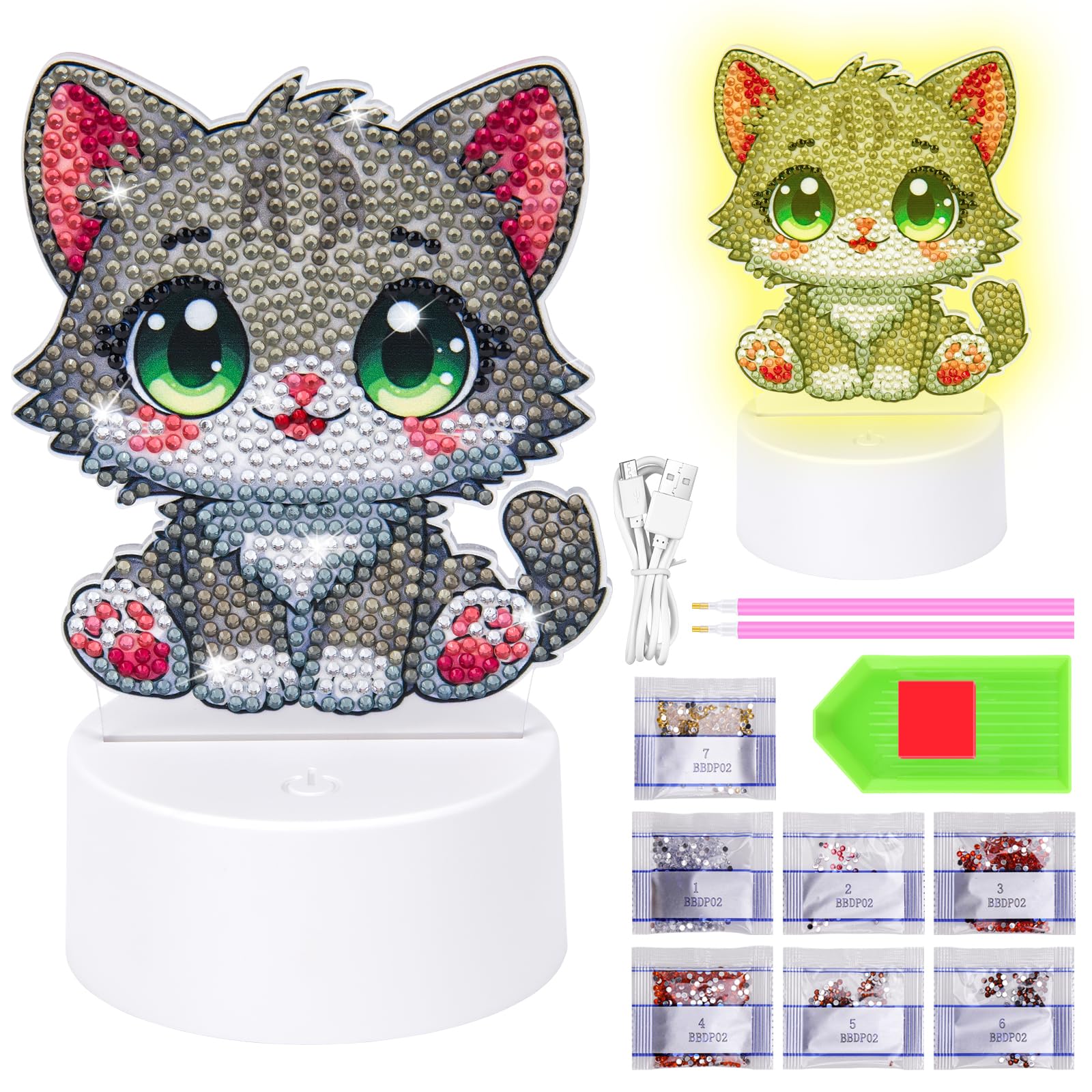 Diamond Painting Luce Notturna Regali Per Ragazze 5 6 7 8 9 10 Anni 3D Creative Diamond Painting Lampada Gatto Grigio, Regalo di Natale per Bambini dai 6 ai 12 anni
