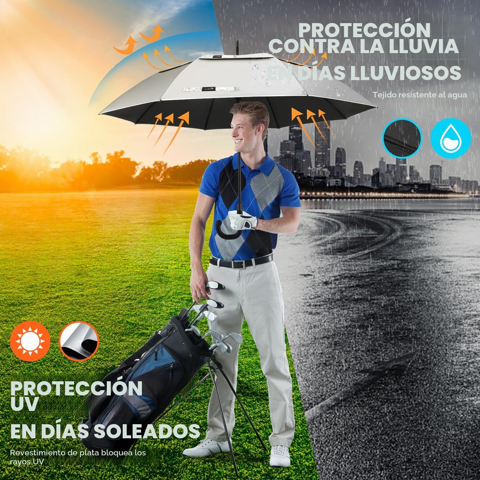 ZOMAKE Paraguas Golf Grande 54 Inch- Paraguas Proteccion UV Con Mango En J,Paraguas Golf Antiviento Auto-Abrir,Paraguas Trekking Para Mujeres Embarazadas Ancianos Y Niños(Plata Y Negro)