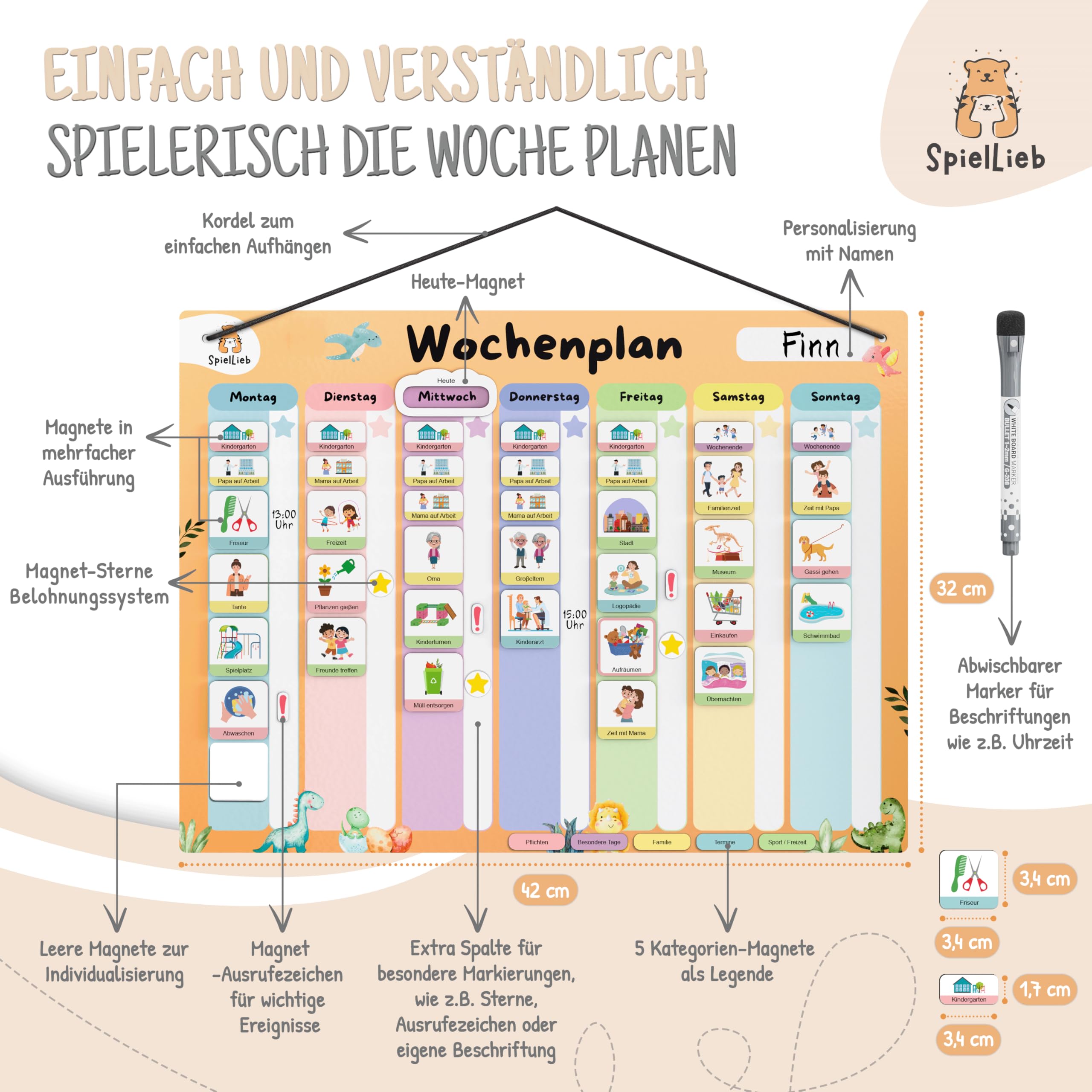 SpielLieb® Montessori Wochenplaner Kinder magnetisch – Magnettafel 216 Magnete, beschreib- & abwischbar – Routine Planer Kinder ideal für Selbstständigkeit & Organisation – Wochenplaner Kinder