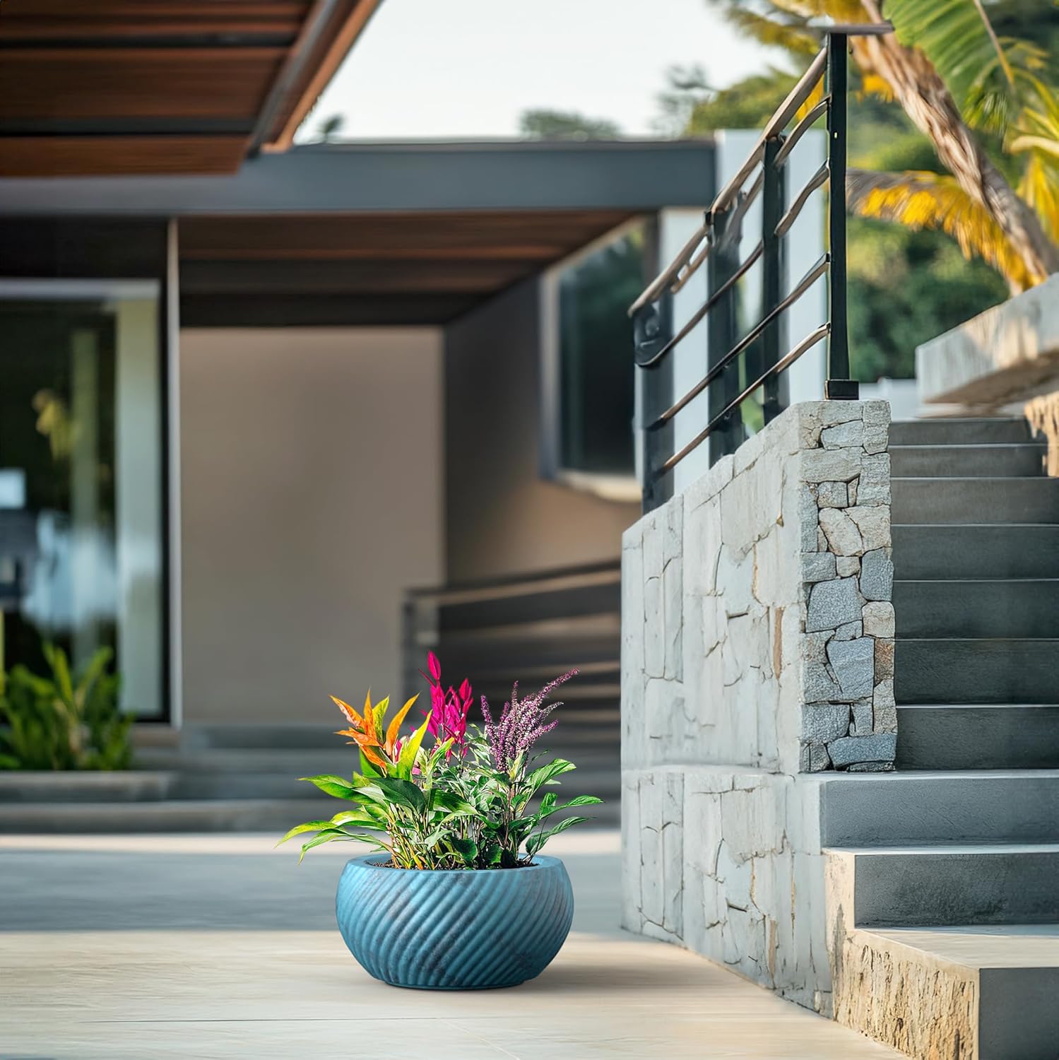 12.2 Inch Dia Round Reeded Concrete Planter, Mineral-Toned Surface Plant Pot with Drainage Hole for Succulents, Flowers and Treess for Porch, Patio or Home, Ocean Teal Veil