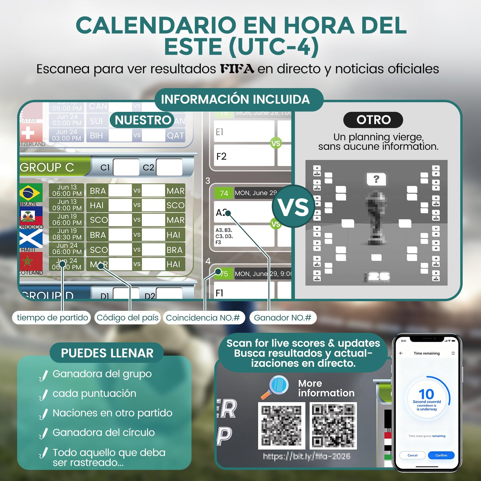 Póster Calendario Mundial 2026 Actualizado con Código QR para Resultados en Vivo, 84.1x59.4 cm Formato Grande, Letra Grande para Todas las Edades, Regalo Día del Padre para Hogar, Bar, Oficina (UTC-4)
