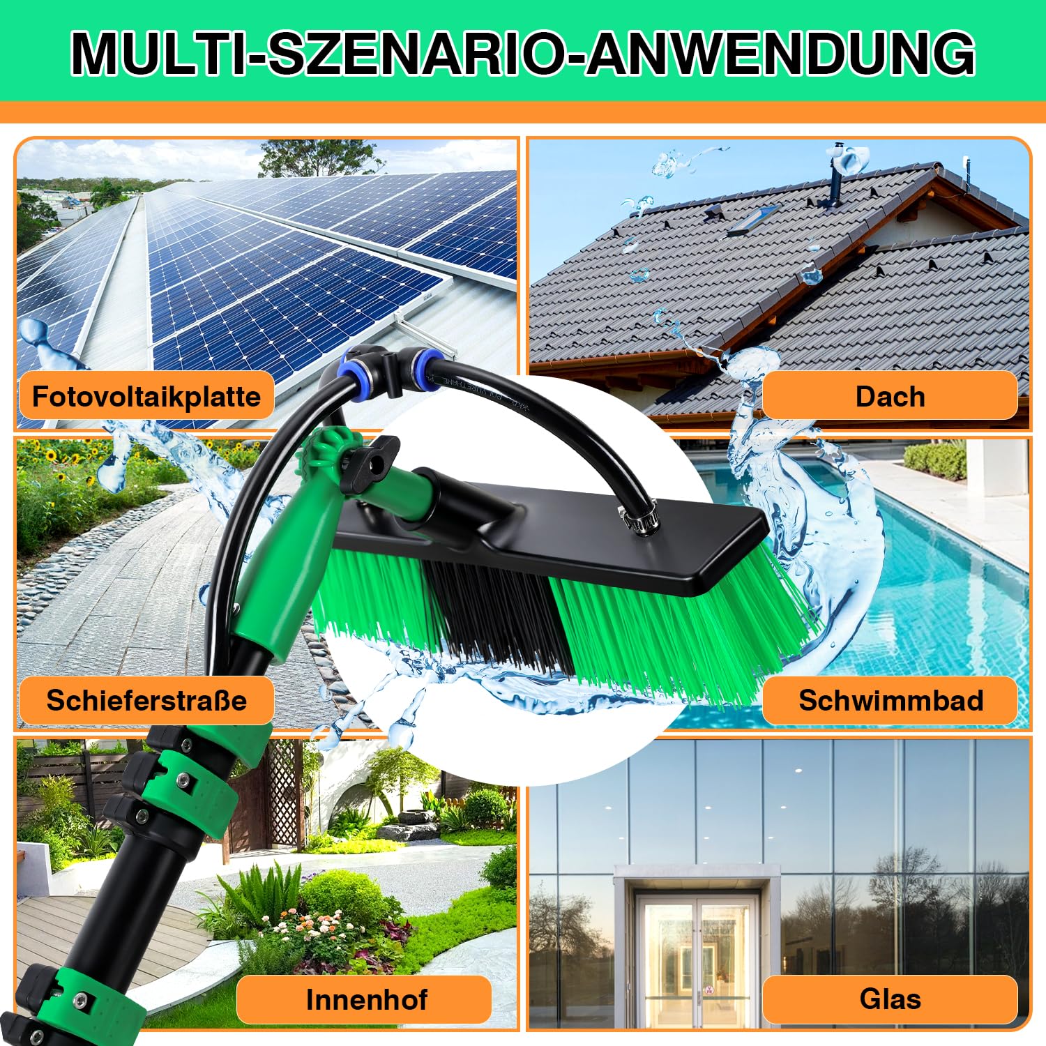 Brosse télescopique avec raccord d'eau 3,6 m, brosse de lavage télescopique, 2 en 1, avec manche télescopique en aluminium, nettoyeur de toit de terrasse, barre télescopique, nettoyage des