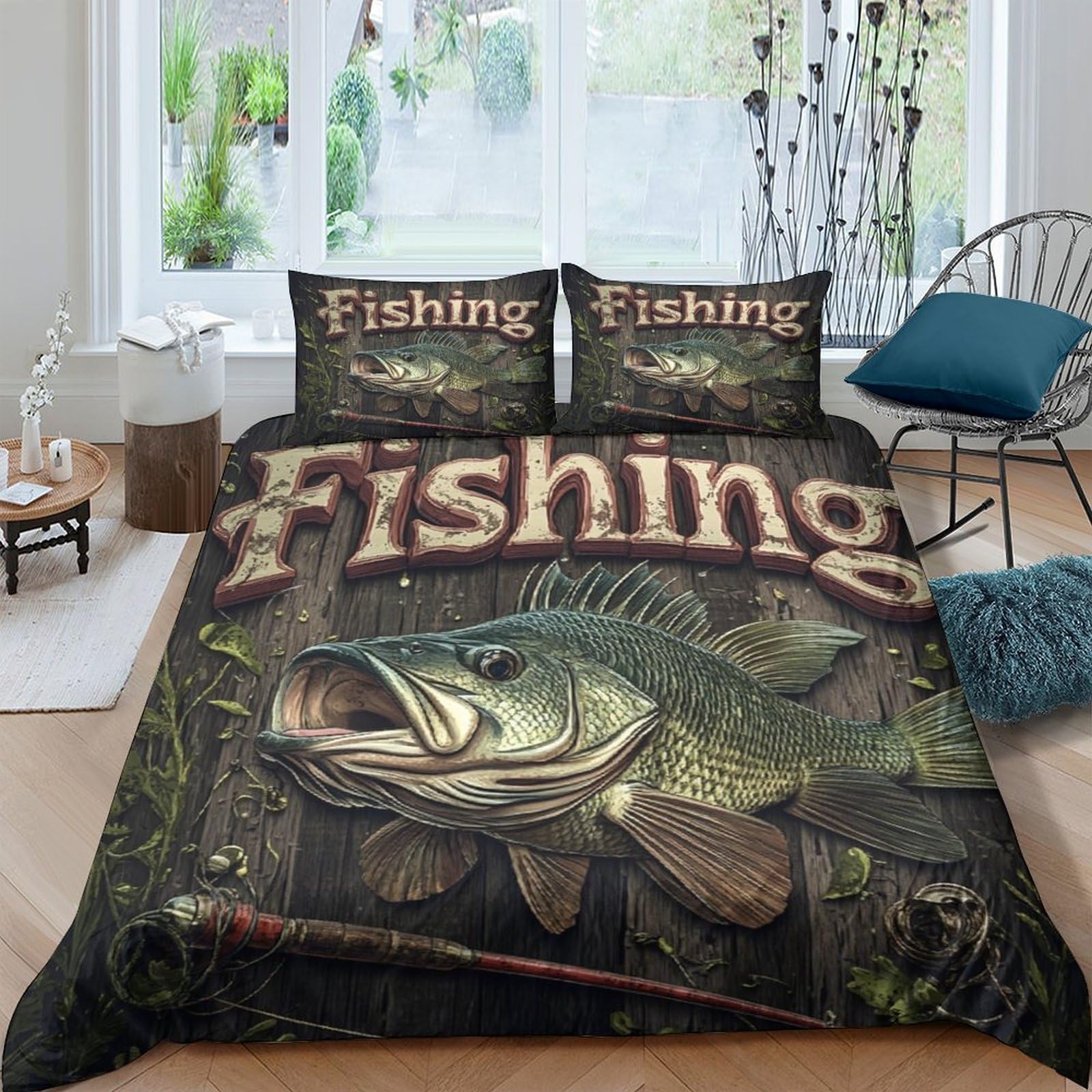 Ctjqhvkz Style-9 3D Printed Bass Fishing Fitted Sheet Microfiber Soft Green Forest Bed Cover For Bedroom Guest Room Mattress Protection Single（135X200cm）