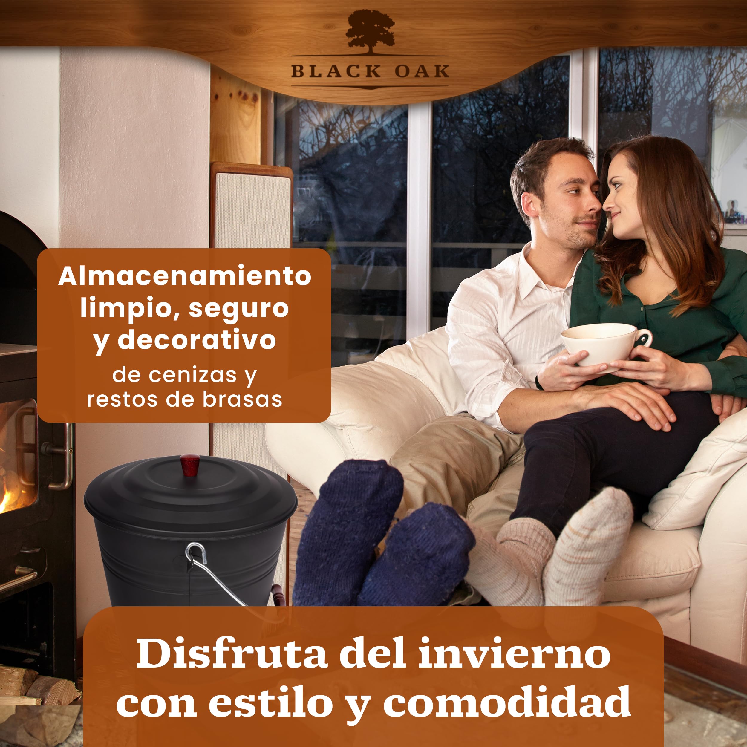 BLACK OAK KATLA - Cubo de cenizas (15 L, tapa negra con botón de madera, grande, 15 L, acero galvanizado, recubrimiento en polvo, cenizas y carbón, accesorio ideal para chimenea, estufa de azulejos,