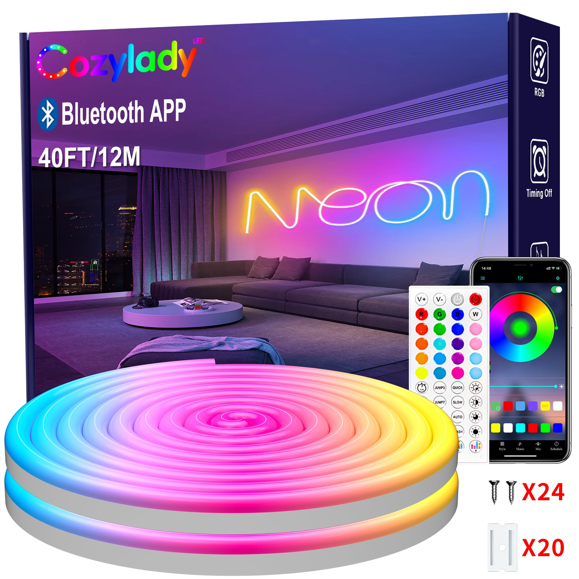 Cozylady 39.37ft Bluetooth LED Neon Rope Lights, Waterproof RGB Neon Strip Lights 12M, Music Sync, Remote/APP Control, Flexible LED Neon Lights for Bedroom Room IP67 Outdoor Indoor Decor