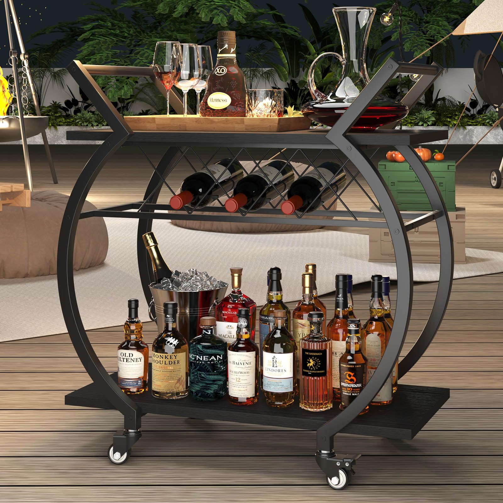 LVB Carrello Portabevande Nero, Carrello Bar con Ruote in Legno/Metallo, Mobile per Vino e Bevande, Ripiano inclusi, Ideale per Cucina o Sala da Pranzo